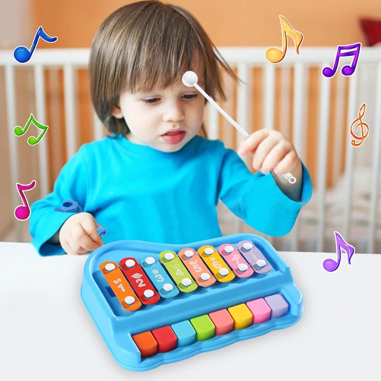 UCRAVO 2 In 1 Baby Piano Xylophone Toy For Toddlers 1-3 Years Old, 8 Multicolored Key Piano, Preschool Educational Musical Learning Instruments Toy Multi-Functional Portable Organ/Keyboard Musical Toy