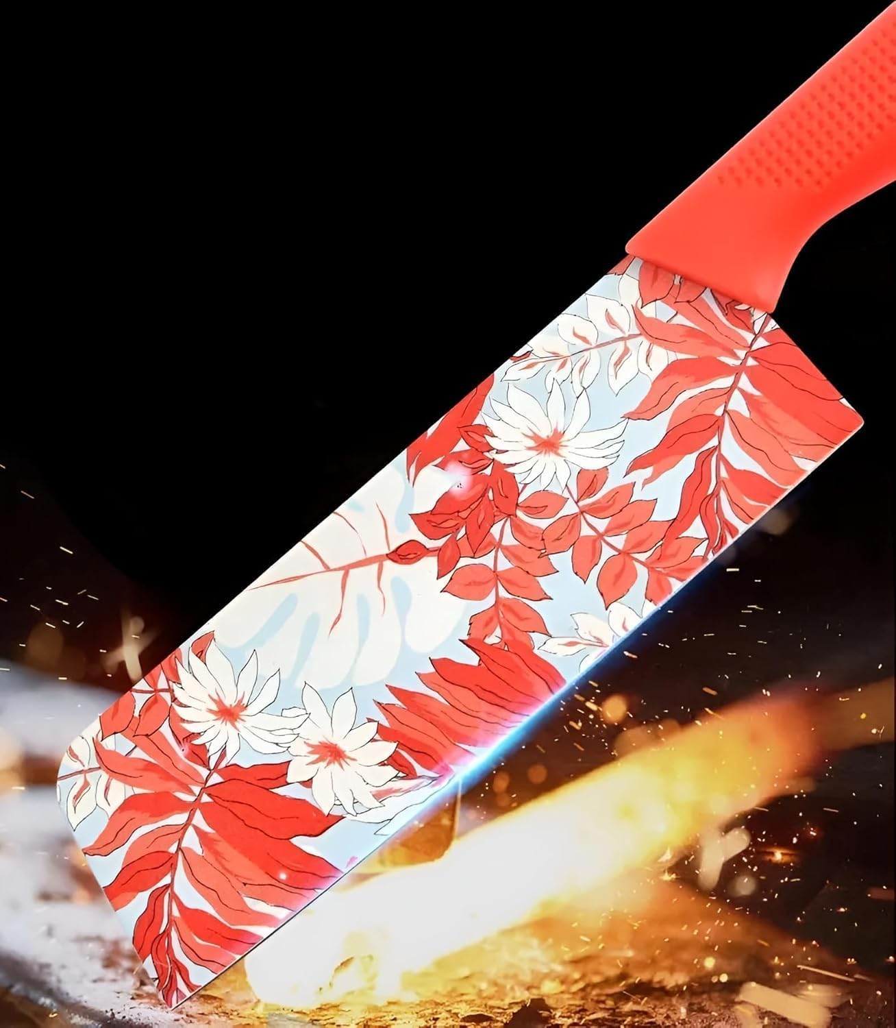 UCRAVO 3-Pcs Red Kitchen Knife Set with Floral Printed Blades Ultra Sharp Stainless Steel Knives | Chef Knife + Paring Knife + Cleaver | Non-Slip Grip |Multipurpose Cooking Knives for Home & Kitchen