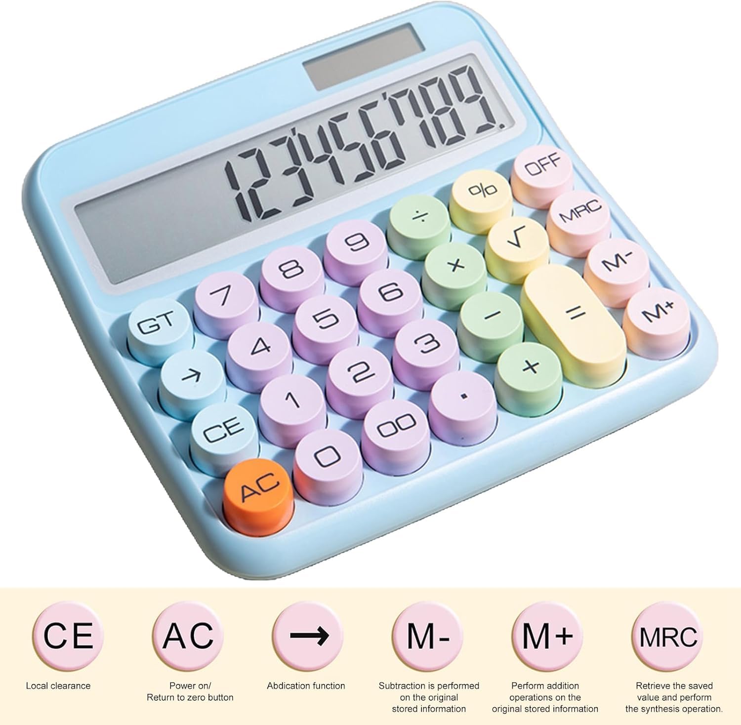 UCRAVO Cute Blue Desktop Calculator, 12-Digit Large LCD Display with Tilt Screen, Pastel Mechanical Round Button, Big Key Adding Machine for Office, School, Business & Aesthetic Desk