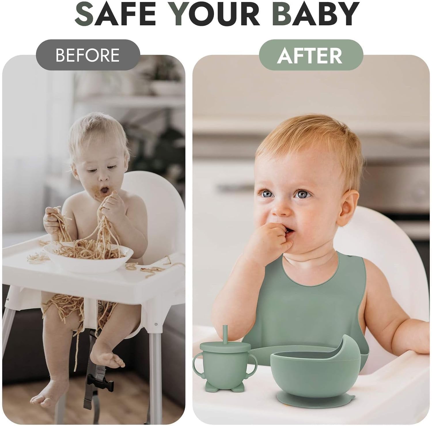 UCRAVO Baby Silicone Feeding Set 6 PCS – Green |Complete Baby Weaning Set with Non-Slip Suction Bowl, Divided Plate, Soft Silicone Bib, Training Sippy Cup, Baby Spoon & Fork Toddler Feeding Dinnerware