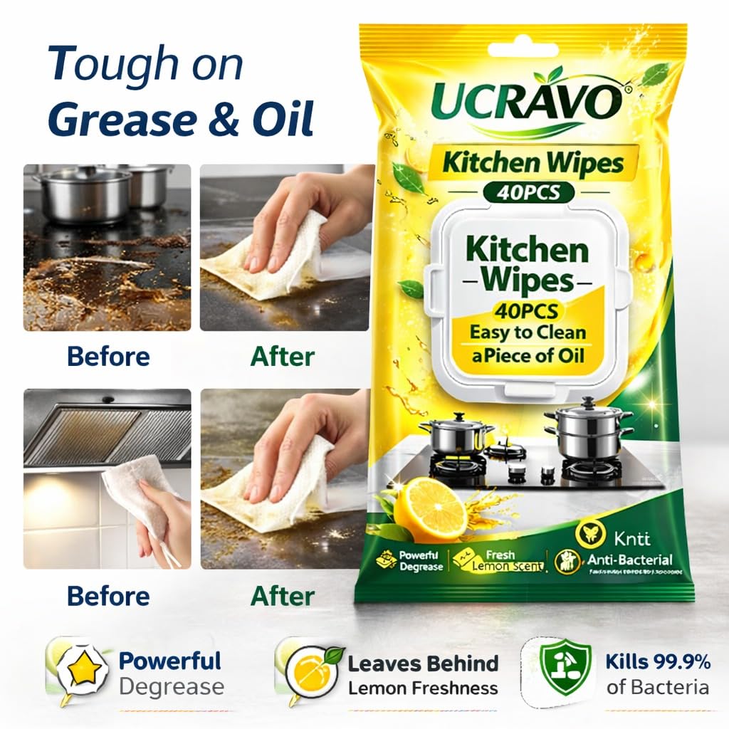 UCRAVO Kitchen Wipes 40 PCS – Lemon Scent Anti Bacterial Cleaning Wipes | Powerful Degreaser Disposable Kitchen Cleaning Tissue | Removes Oil Grease Stains | Multipurpose Surface Cleaning Wipes
