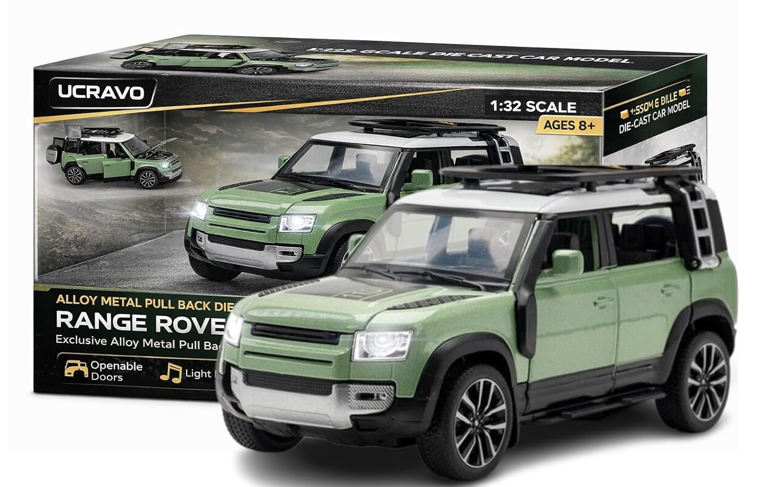 UCRAVO 1:32 Scale Range Rover Defender Alloy Metal Die Cast Car | Pull Back Toy Vehicle with Light & Music Openable Doors Premium Miniature Model Car Collectible Metal Toy Gift for Children & Adults