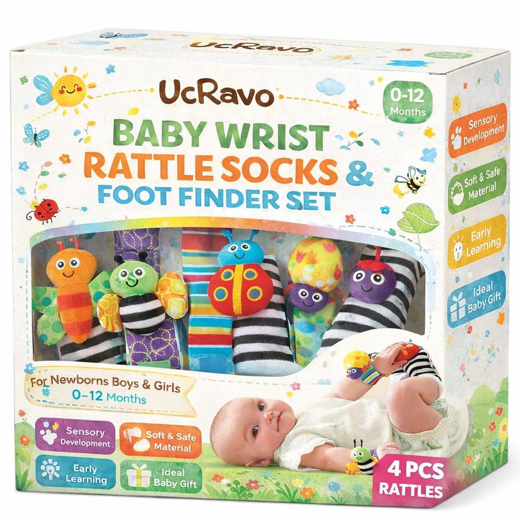 UCRAVO Baby Wrist Rattle Socks & Foot Finder Set for Newborn Boys & Girls, High Contrast Black and White Infant Sensory Toys 0-12 Months, Soft Montessori Developmental Toy, Tummy Time Activity Gift