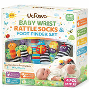 UCRAVO Baby Wrist Rattle Socks & Foot Finder Set for Newborn Boys & Girls, High Contrast Black and White Infant Sensory Toys 0-12 Months, Soft Montessori Developmental Toy, Tummy Time Activity Gift