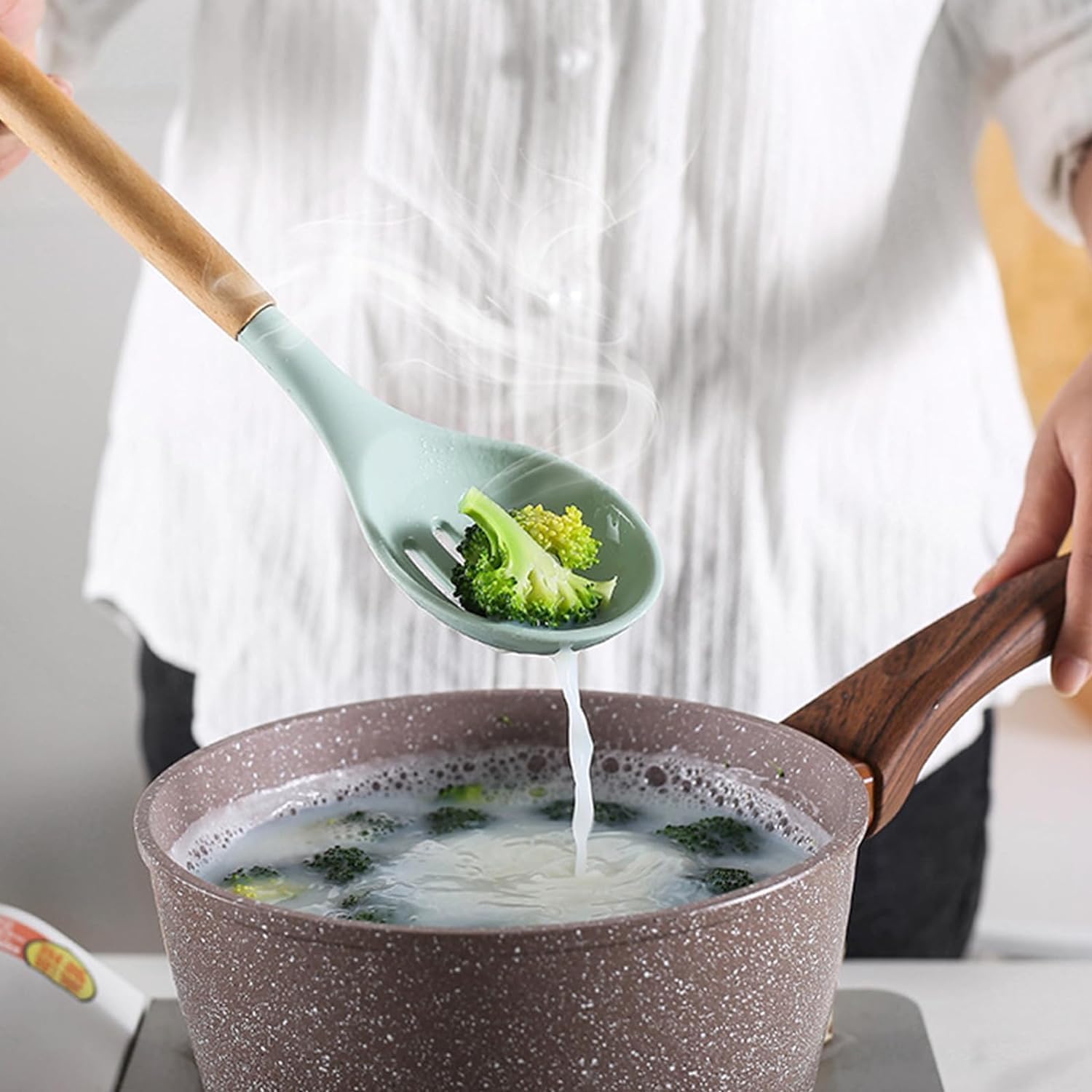 UCRAVO 12 Pc Silicone Kitchen Utensils & Spatula Set (Green) | Non-Stick Cooking/Baking Tools with Wooden Handle | BPA-Free, Heat-Resistant Flexible Silicon Cookware for Non-Stick Pans