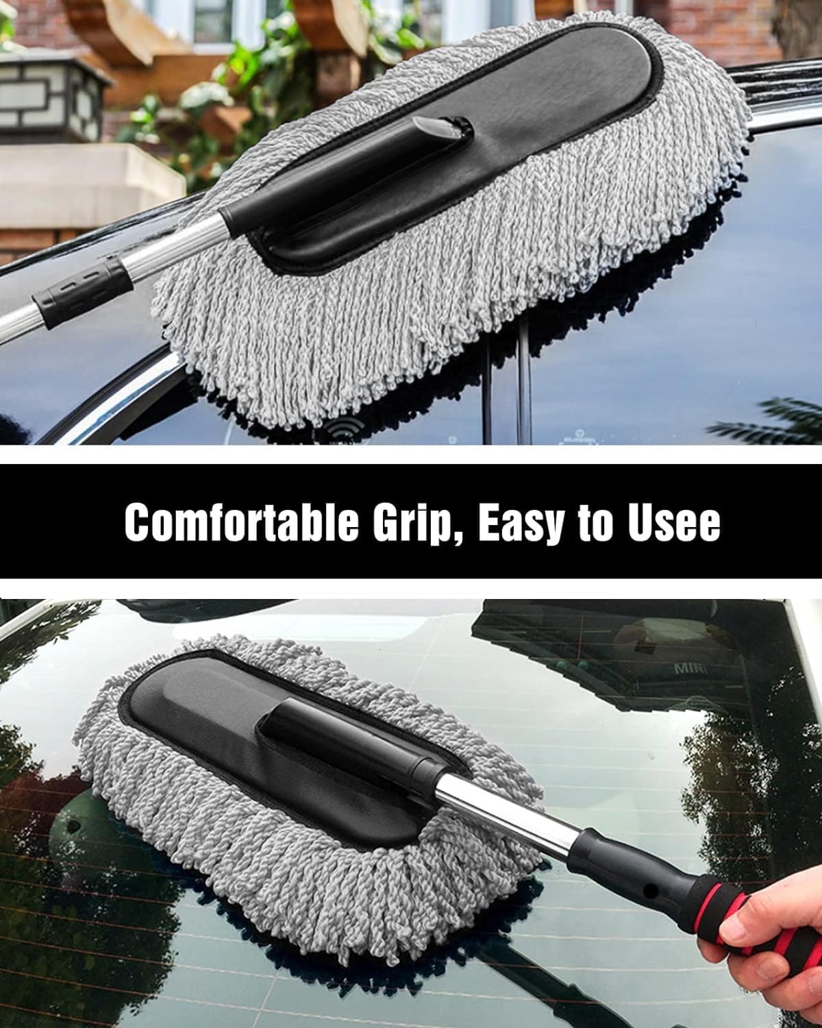 UCRAVO 1 PCS Car Duster, Extendable Long Handle Microfiber Car Duster Exterior Scratch Free Car Cleaning Tool, Car Dust Brush for Truck (Car Cleaning Duster), Black