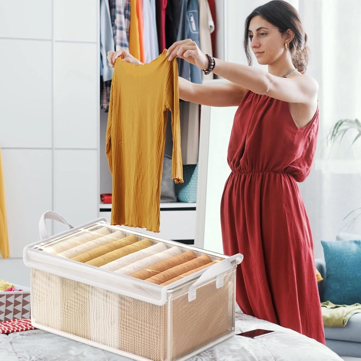 UCRAVO 6 PCS Storage Organizer Boxes with Lids for Wardrobe | Foldable Clothes Storage Box with Handle Closet Organizer for Sarees,Jeans,T-Shirts,Towels Fabric Storage Bins for Home,Bedroom,Cupboard
