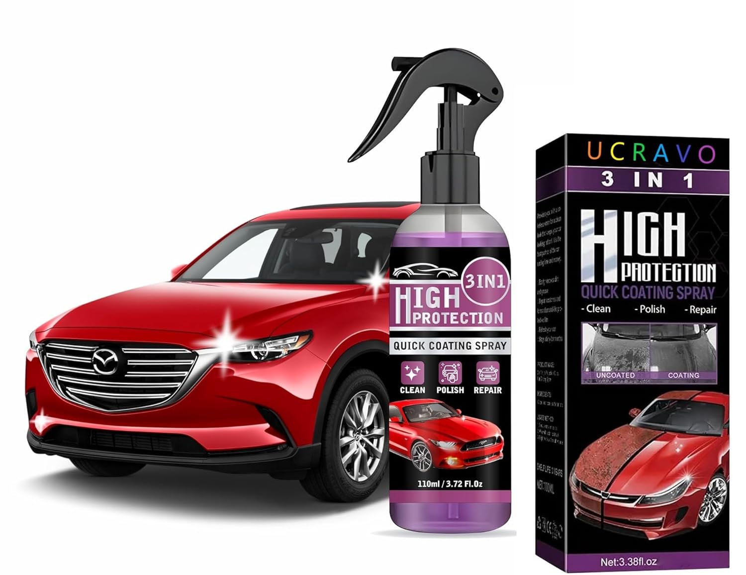 UCRAVO 1 PCS High Protection 3 in-1 Quick Coating Spray, Scratch Repair, Fast Wax Polishing, Scratch Repair Ceramic Coating Hand Spray, Waterless Car Wash Cleaning Spray