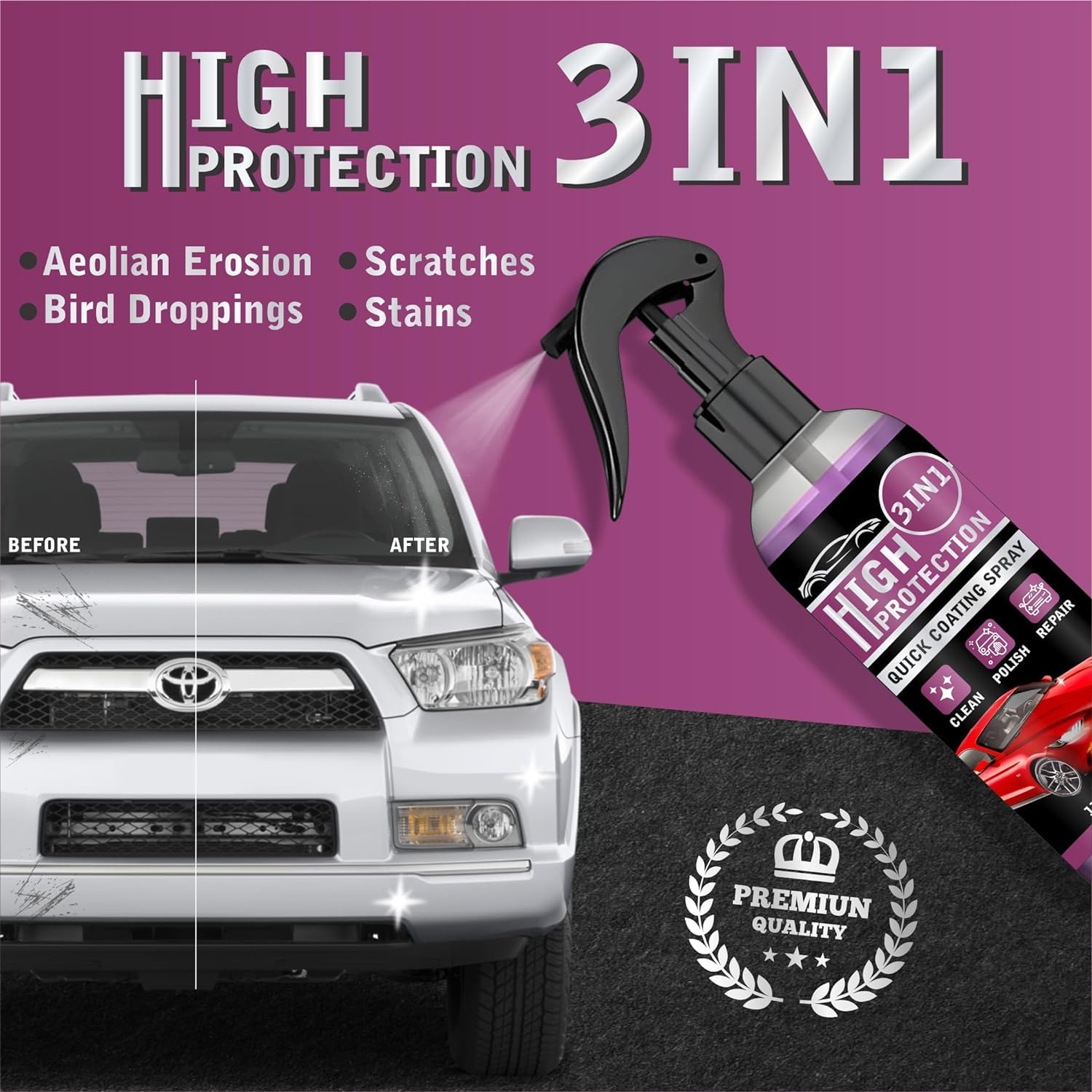 UCRAVO 1 PCS High Protection 3 in-1 Quick Coating Spray, Scratch Repair, Fast Wax Polishing, Scratch Repair Ceramic Coating Hand Spray, Waterless Car Wash Cleaning Spray