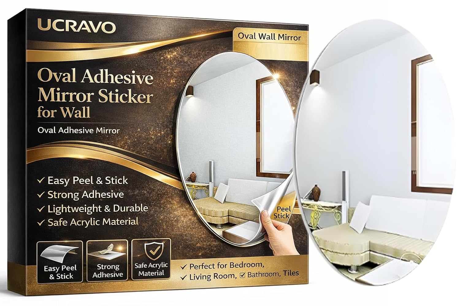 UCRAVO Oval Adhesive Mirror Sticker for Wall Acrylic Self Adhesive Peel & Stick Wall Mirror for Bedroom,Bathroom,Living Room,Basin Area & Tiles Non Glass Flexible DecorativeSheet Panel for Home Decor