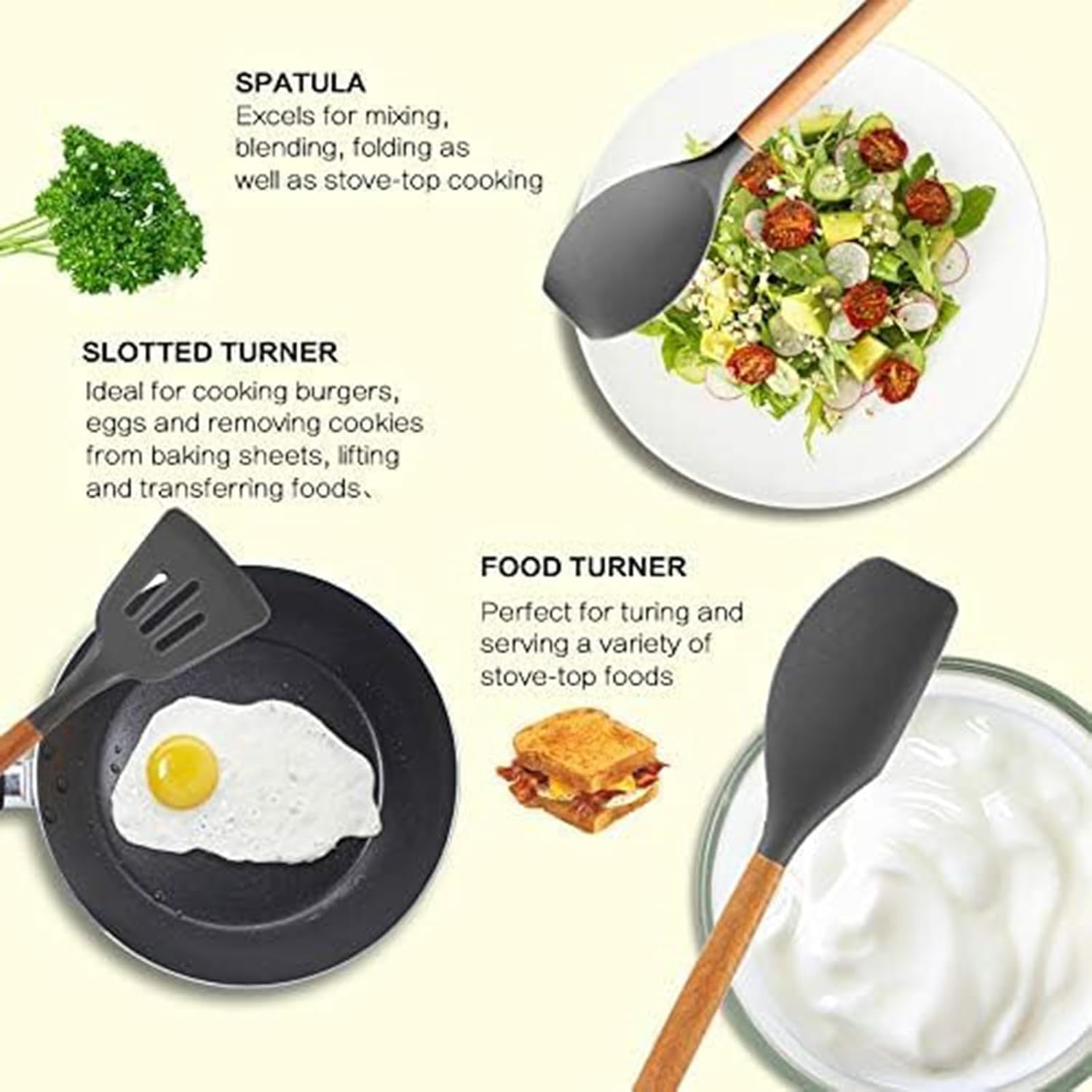 UCRAVO 12 Pcs Silicone Kitchen Utensil Set with Wooden Handle, Non-Stick Cooking + Baking Spoon & Spatula Set, BPA Free, Heat Resistant, Flexible Non Toxic Silicon Cookware Tools (Black)