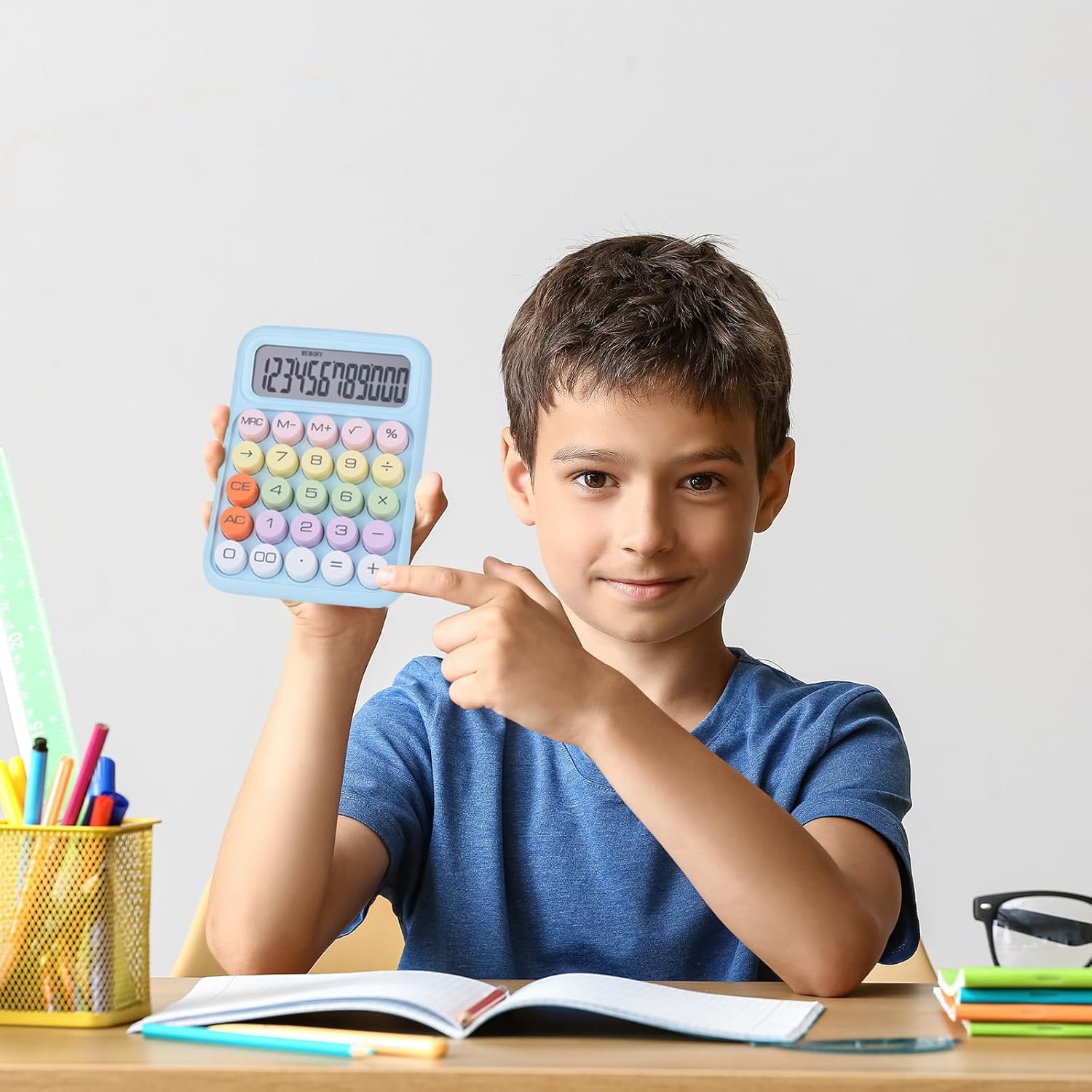 UCRAVO Blue Cute Candy Colored Basic Calculator 12-Digit, Large LCD Display, Sugar Cube Buttons, Desktop Office School Supplies