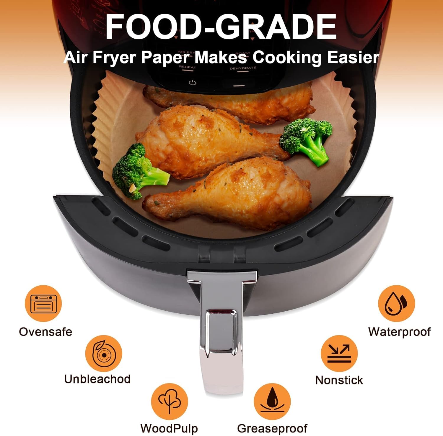 UCRAVO 100 PCS Air Fryer Disposable Paper Liner, Round Air Fryer Paper Liners, Natural Parchment Paper for Air Fryer, Non-Stick, Oil-Proof,Food Grade Paper Liner for Baking Roasting Microwave 7" Inch