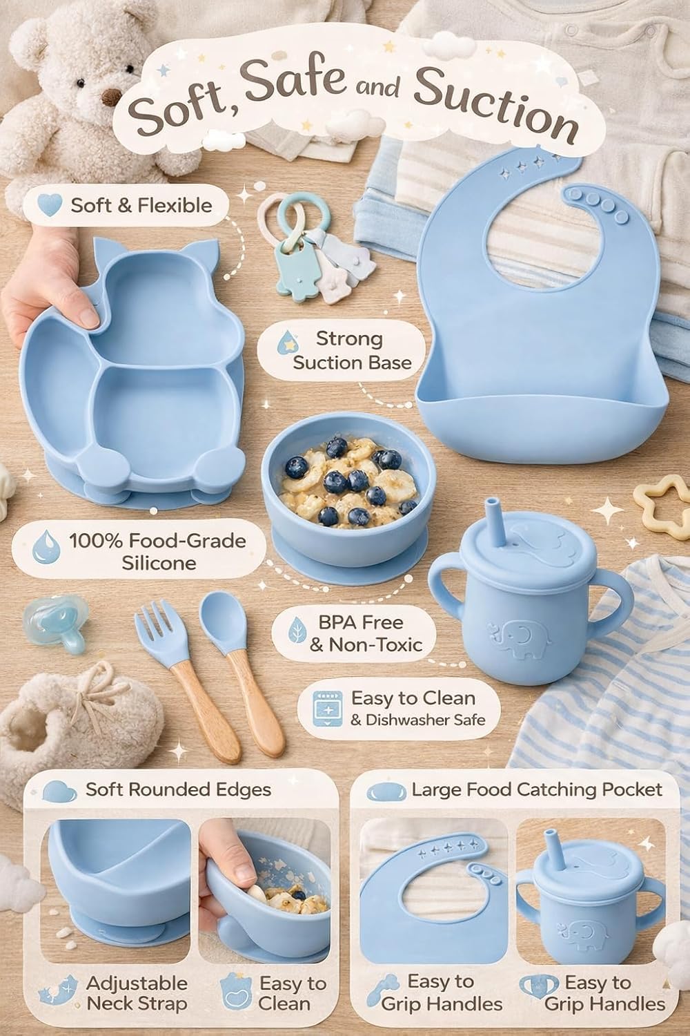 UCRAVO Blue Silicone Baby Feeding Set for Boys & Girls Baby Led Weaning Supplies with Suction Bowl and Divided Plate, Adjustable Silicone Bib,Leak Proof Straw Training Sippy Cup,Soft Tip Spoon & Fork