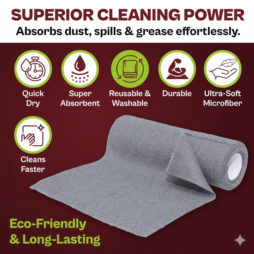 UCRAVO Reusable Kitchen Towel Roll - 2000 Times Washable | Soft & Highly Absorbent Eco Bamboo Wipes | Better Alternative to Dishcloth & Kitchen Tissue Paper Roll | 20 Sheets for Home & Glass Cleaning