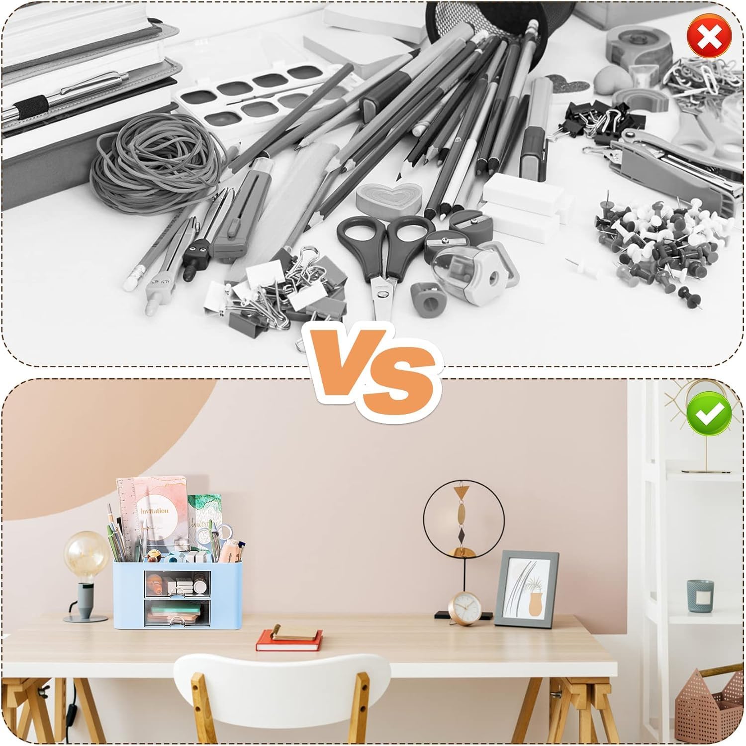 UCRAVO Stylish Stackable Desk Organizer with 2 Drawers and 5 Compartments– Multi-Functional Desktop Storage Box with Pen Holder for Home, Office, School, Craft Supplies, and Art Stationery - Blue