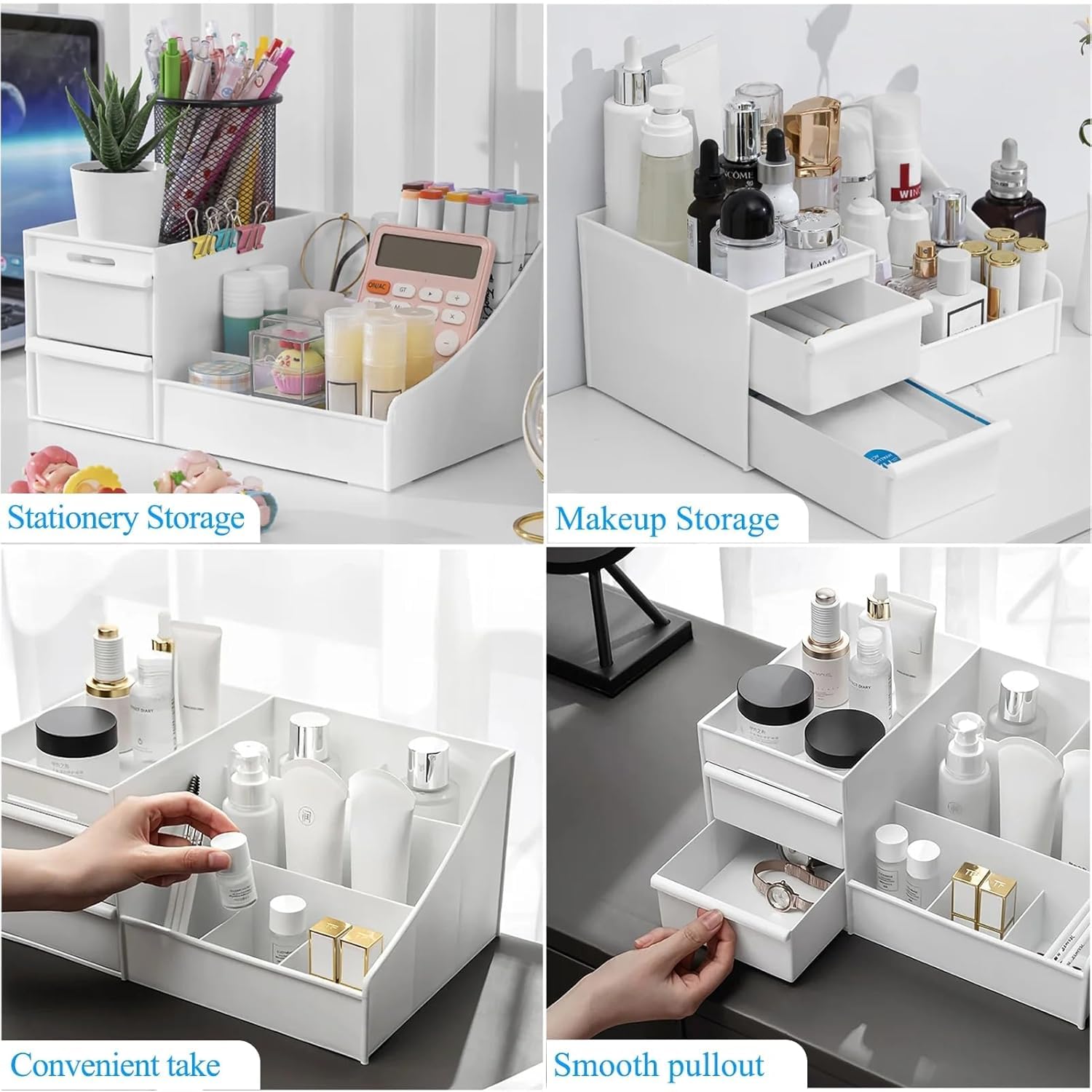 UCRAVO Multi-Functional Desk Organiser with 5 Compartments and 2 Drawer Desktop Office Supplies Stationery Storage Box Cosmetic Organizer for Ballpoint Pens Staplers Clips Sticky Notes - White