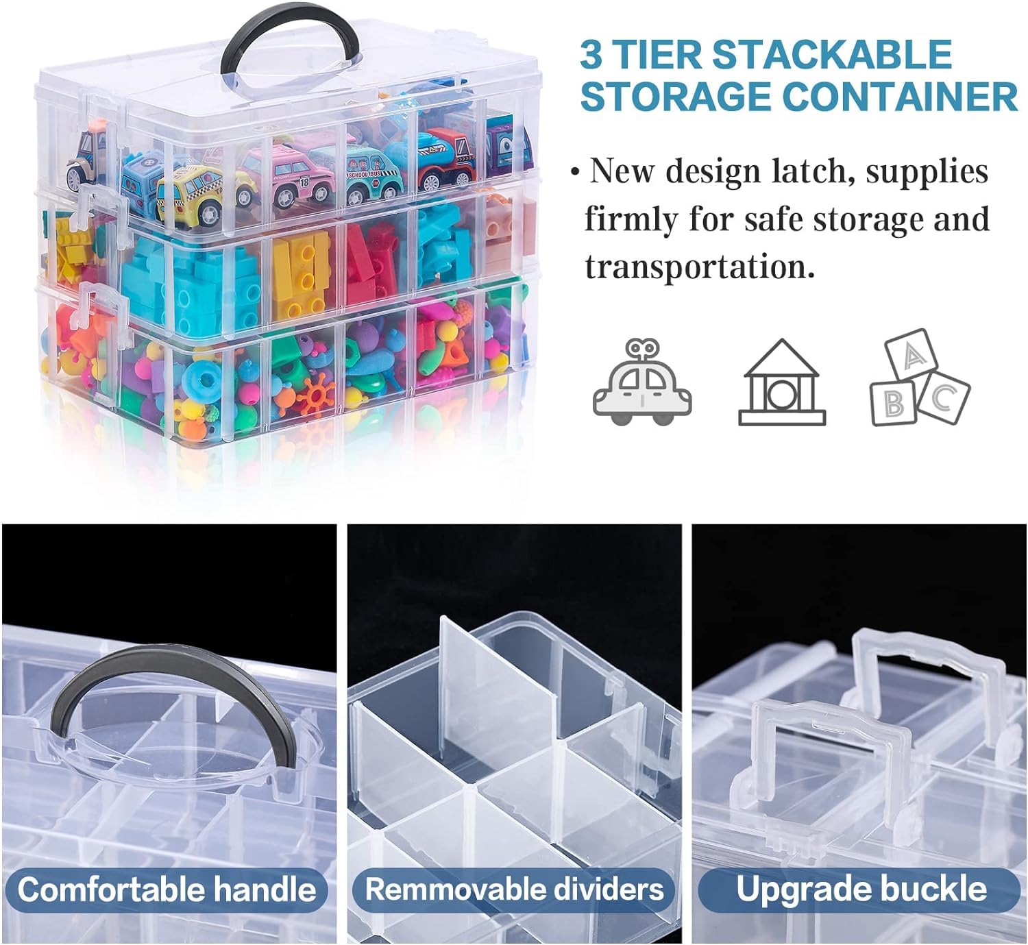 UCRAVO Plastic Clear 3-Tier Stackable Storage Containers With Lids -30 Adjustable Compartments For Craft Organizers And Storage For Jewelry, Beads, Kids Toys, Beauty, Makeup And Sewing Supplies