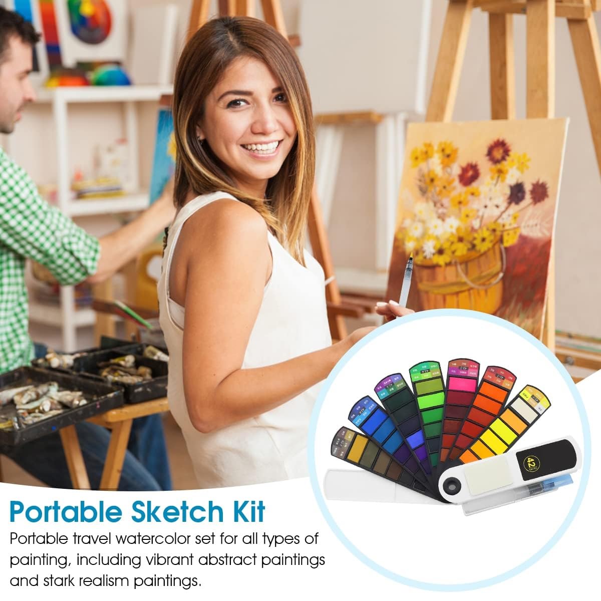 UCRAVO 42 Colors Solid Watercolor Paint Set with Water Brush Pen Portable Travel Watercolour Palette for Artists, Students, Beginners & Professionals | High Pigment, Non-Toxic, Smooth Blending Paints