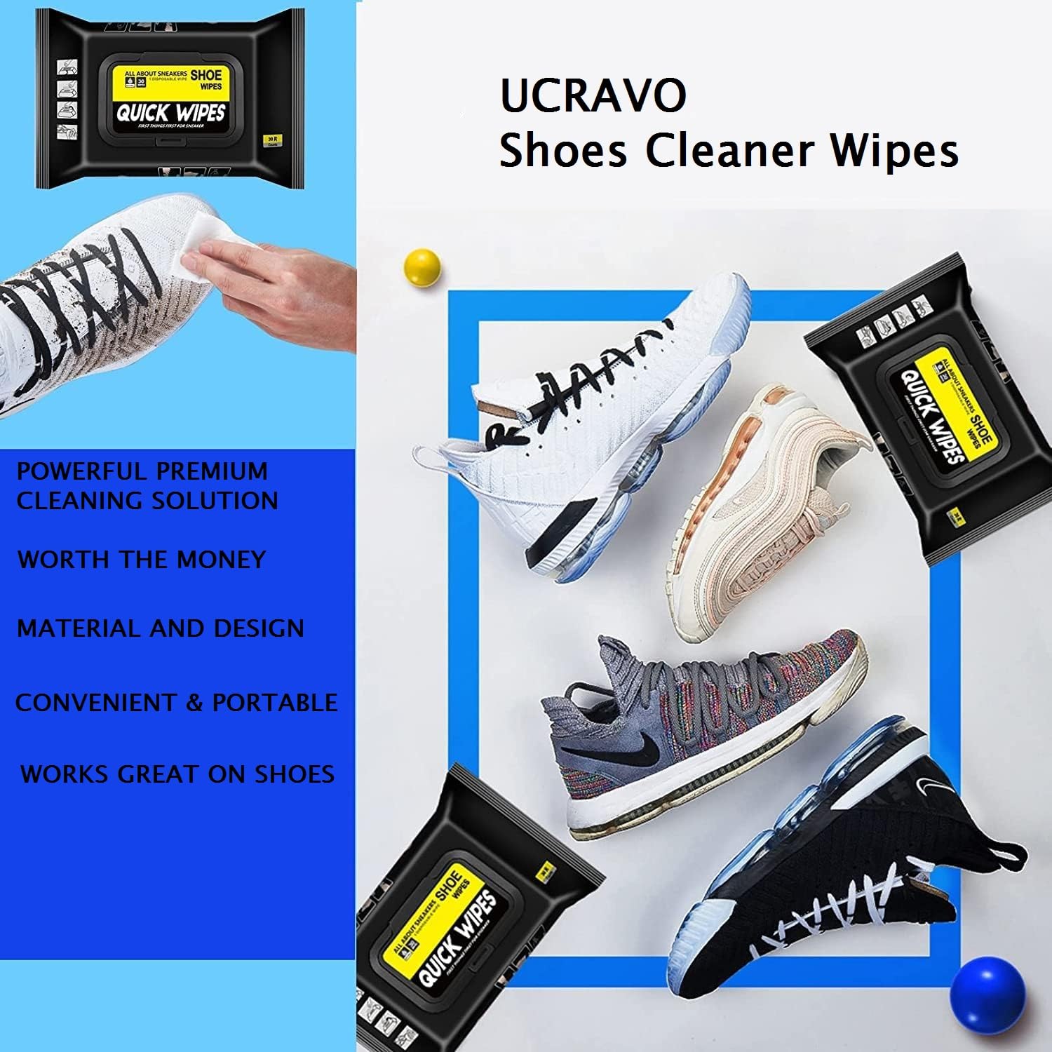 UCRAVO Natural Sneaker & Shoe Cleaner Wipes - 1 Packs of 80 - Portable Sneakers Cleaner Shoe Wipes Quickly Remove Dirt & Stains - These Disposable Can Be Used On Most Footwear