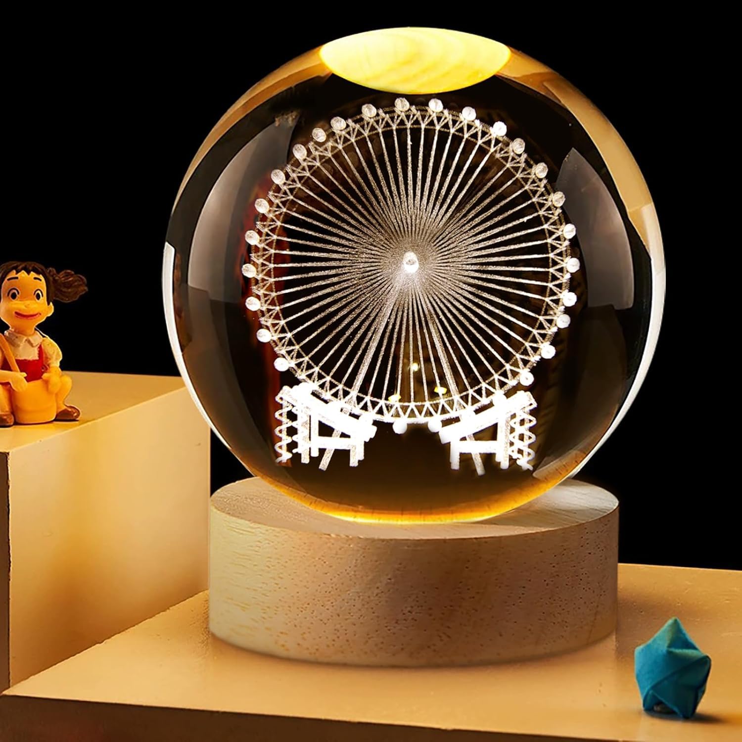 UCRAVO 3D Crystal Ball Night Light Space Lamp Decorlamp Glass Ball with Wooden Base, Birthday Astronomy Gift for Teens Boys Kids Nightlight Bedroom Home Decor Accessories(Ferris Wheel)