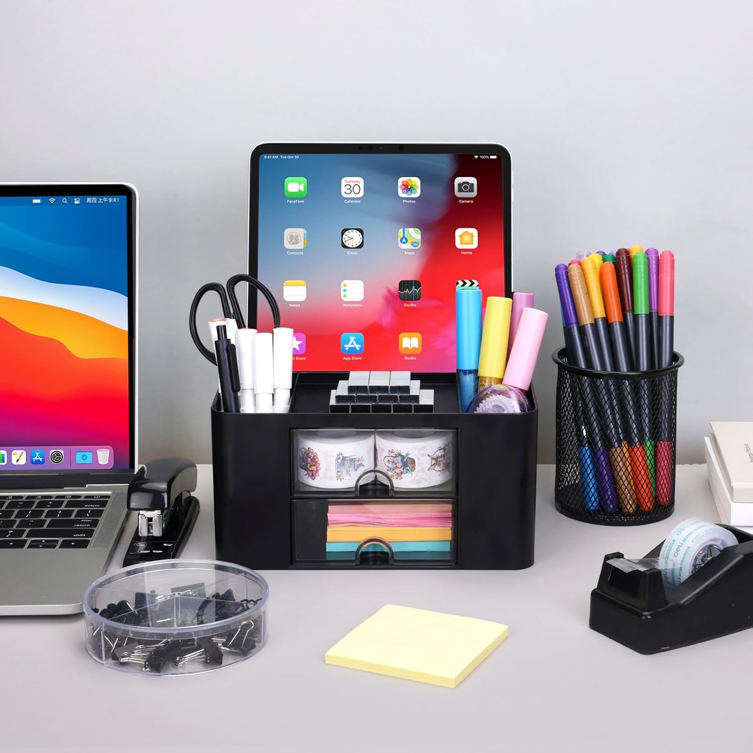 UCRAVO Stylish Stackable Desk Organizer with 2 Drawers and 5 Compartments– Multi-Functional Desktop Storage Box with Pen Holder for Home, Office, School, Craft Supplies, and Art Stationery - Blue