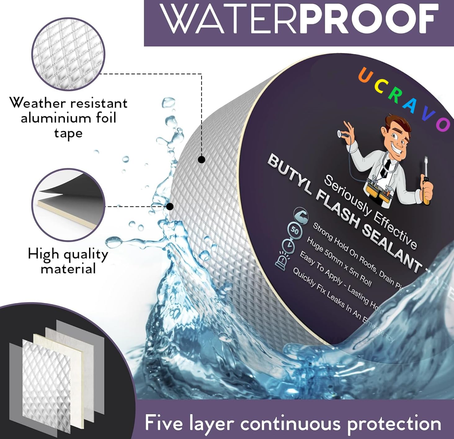 UCRAVO Super Strong Adhesive Waterproof Permanent Repair Aluminum Butyl Tape Rubber Foil Suitable for Roof Leak, Surface Crack, Window Sill Gap, Boat Sealing, Home Renovation(5CM*5M), Silver