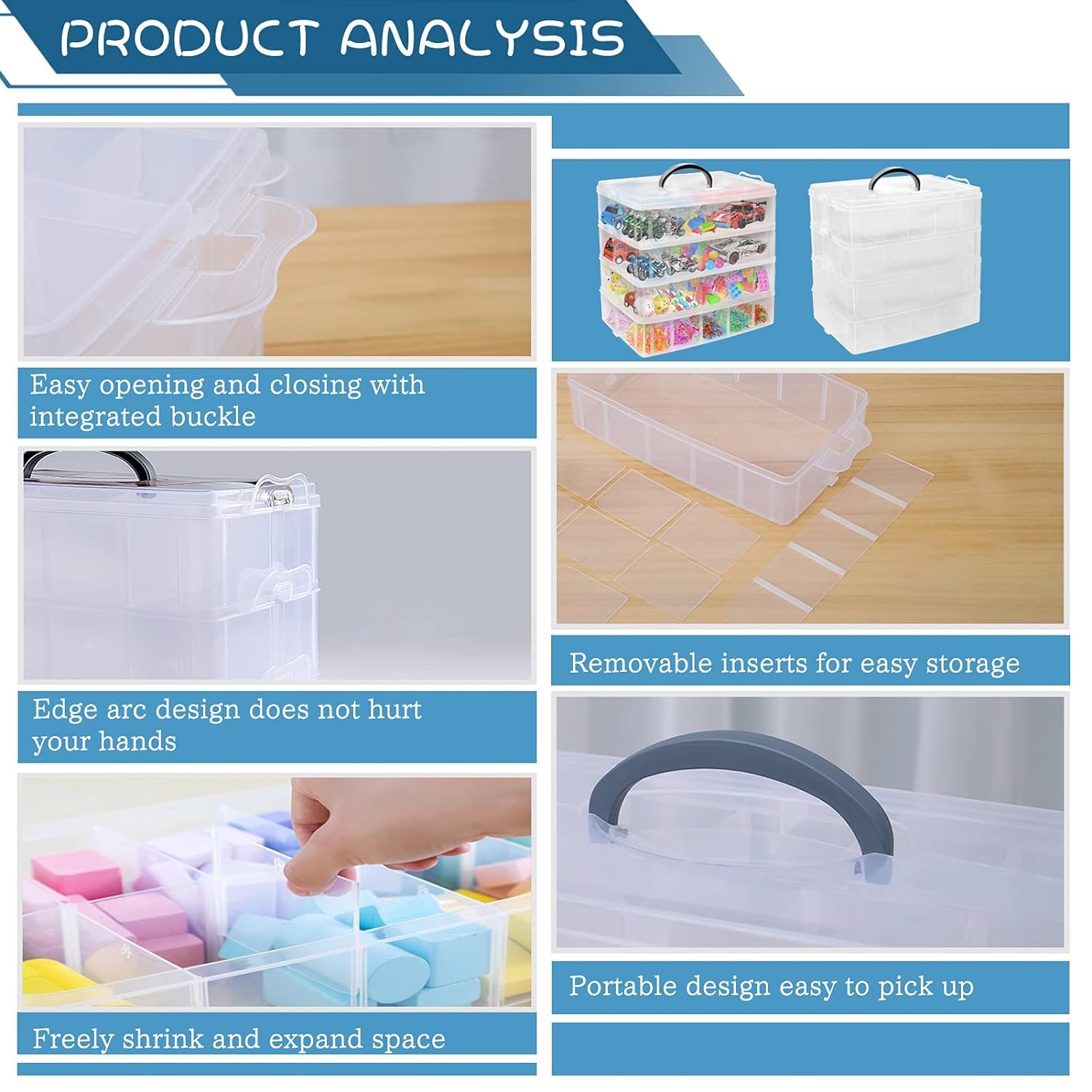 UCRAVO BLUE 1pc Clear Plastic Storage Box, Three-layer Jewelry Accessories Toy Finishing Box, Transparent Jewelry Chests, Foldable Jewelry Storage Organizer, Multi-purpose Storage Container