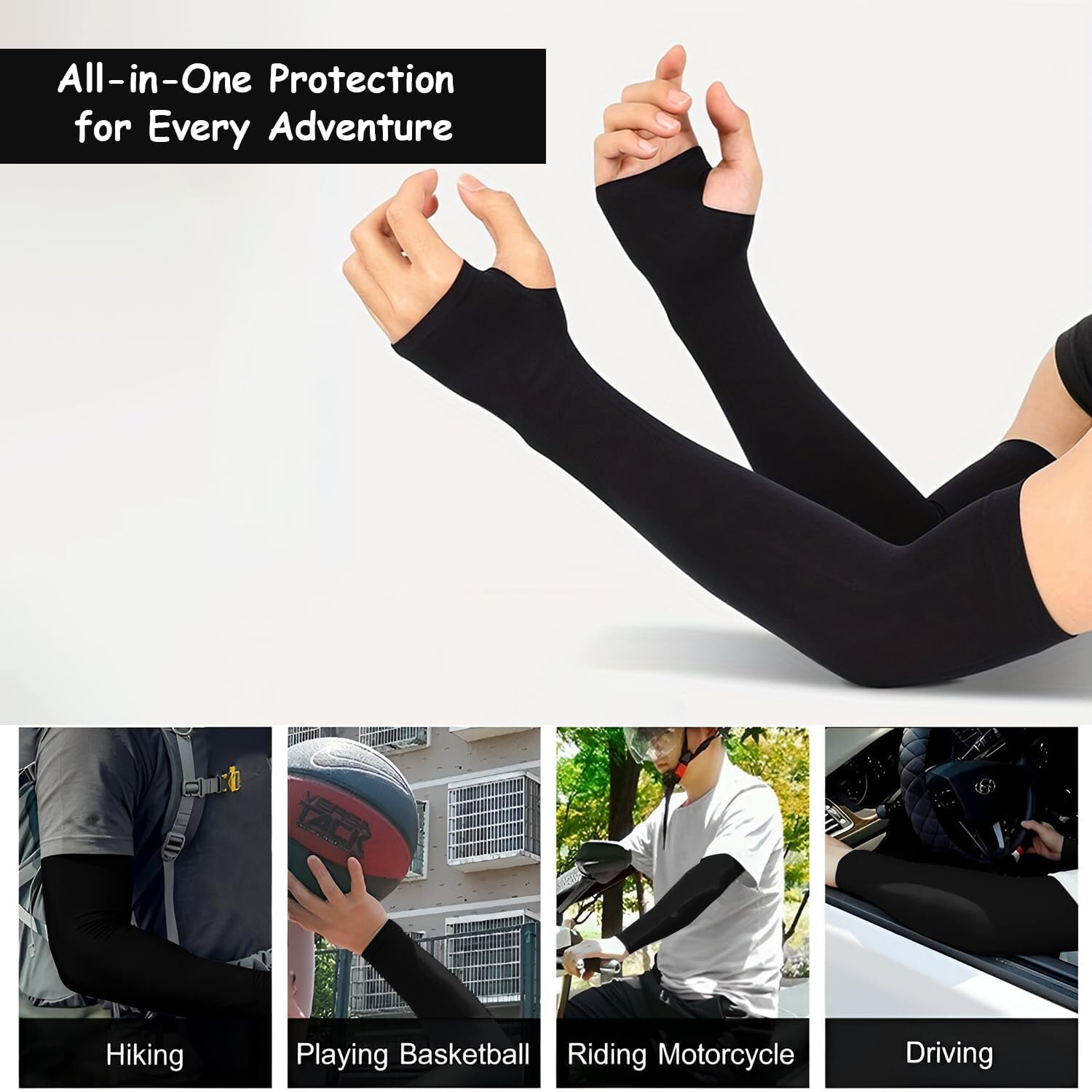 UCRAVO Sun Protection Arm Sleeves for Men & Women with Thumb Hole, Arm Covers for Biking,Gym Workout,Driving & Outdoor Activities,Elastic Breathable Sports Sleeves for All-Day Comfort (Black, 1 Pair)