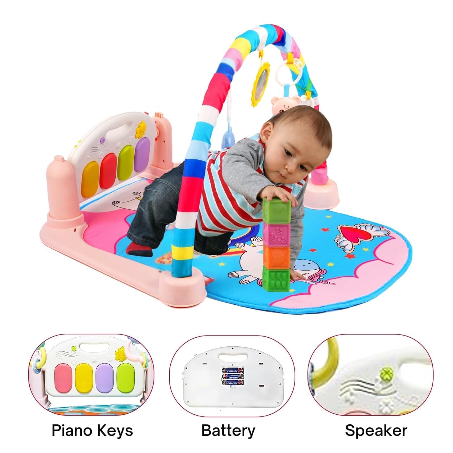 UCRAVO Baby Gym Play Mat with Hanging Toys Soft Tummy Time Activity Gym for Newborns/Infants Early Development Playmat with Music/Lights Musical Piano Keyboard Baby Shower Gift 6-Month Piano Warranty