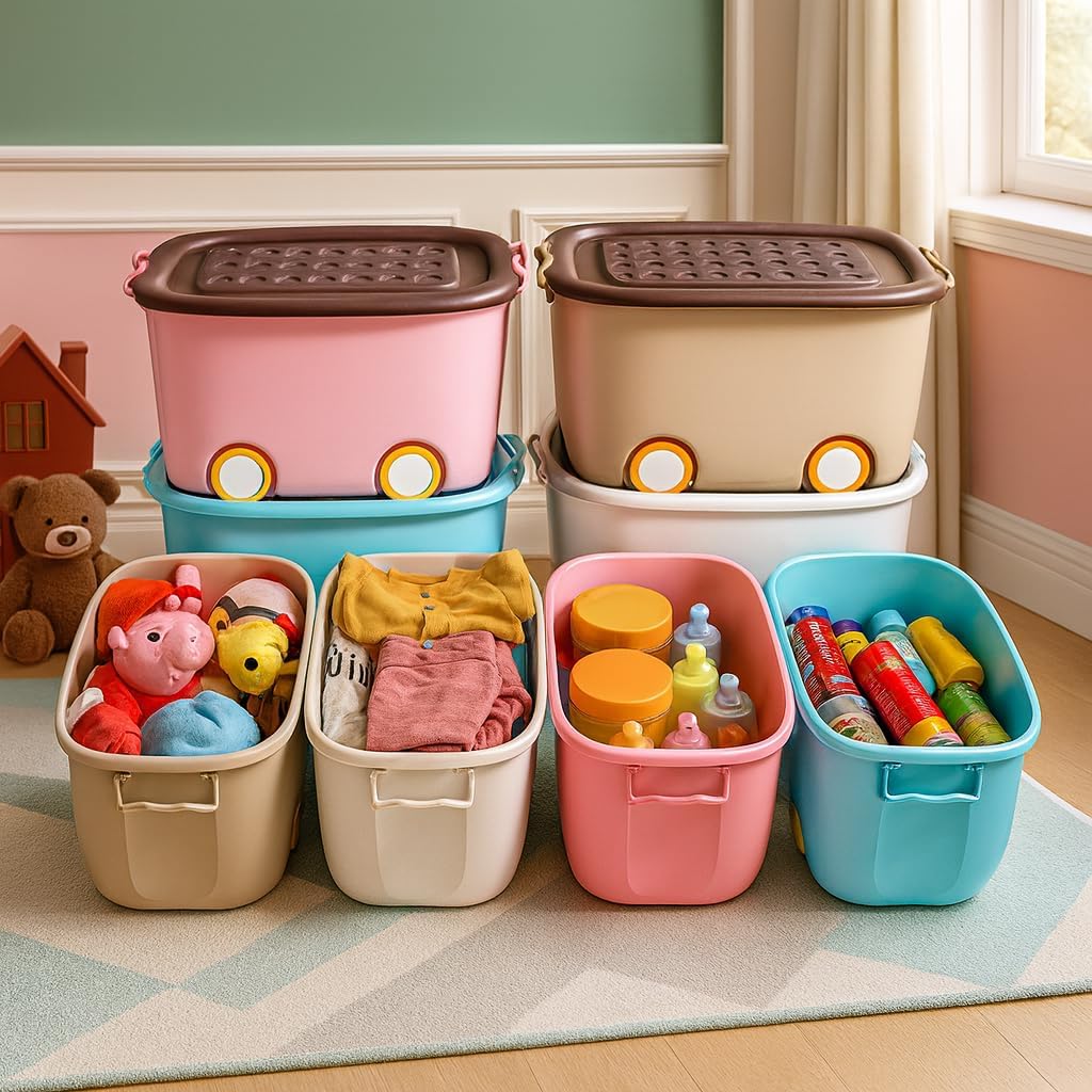 UCRAVO 45L Rolling Toy Storage Box with Wheels & Lid – Large Kids Storage Organizer, Stackable Plastic Storage Bin, Multi-Purpose Toy Container for Bedroom, Playroom & Home Organization