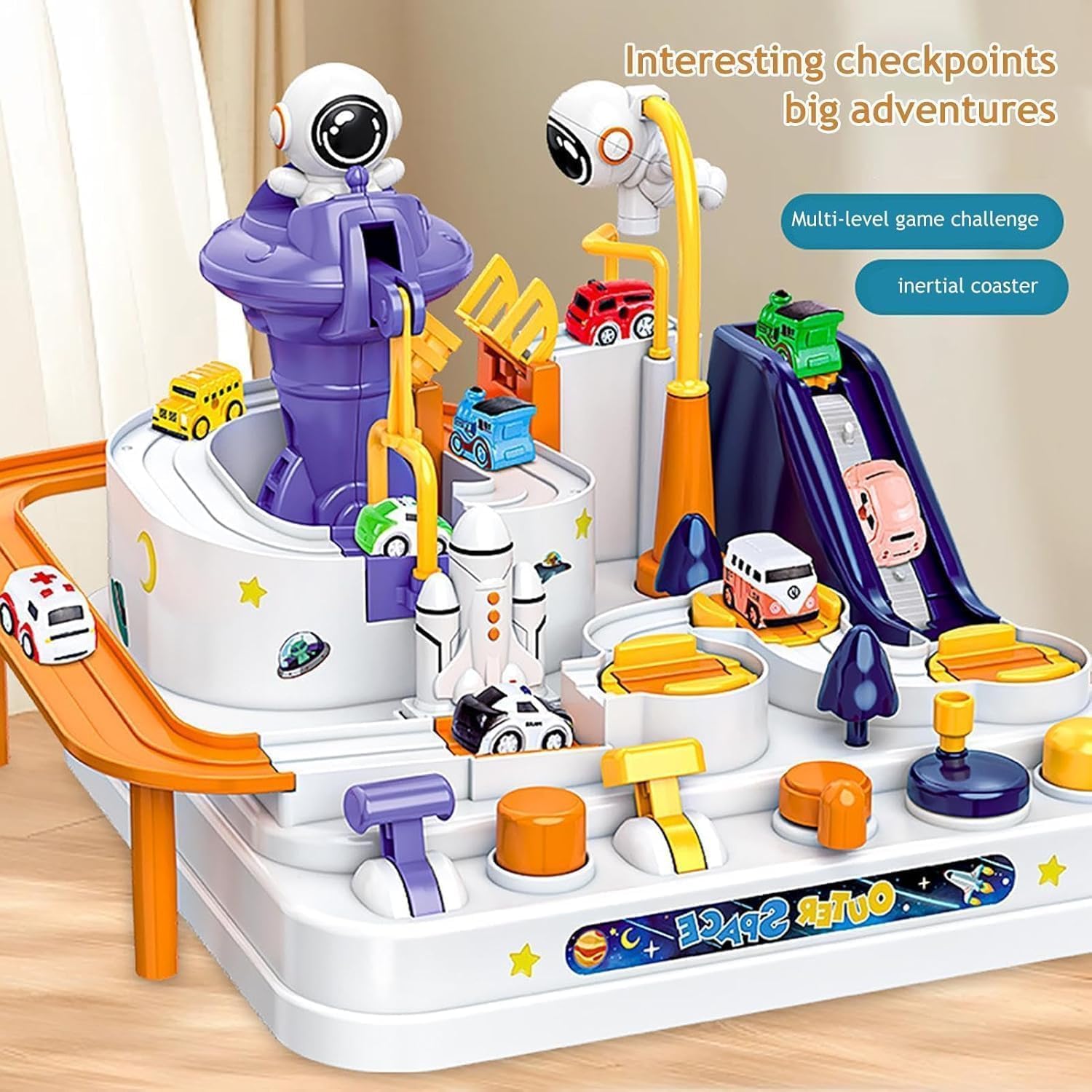 UCRAVO Space Orbit Challenge Adventure Cars Track Toy, Preschool Educational Puzzle Car Track Playset, City Rescue Vehicle Ramp Race Set with Space Theme, Interactive Toddler Learning Toy Gift