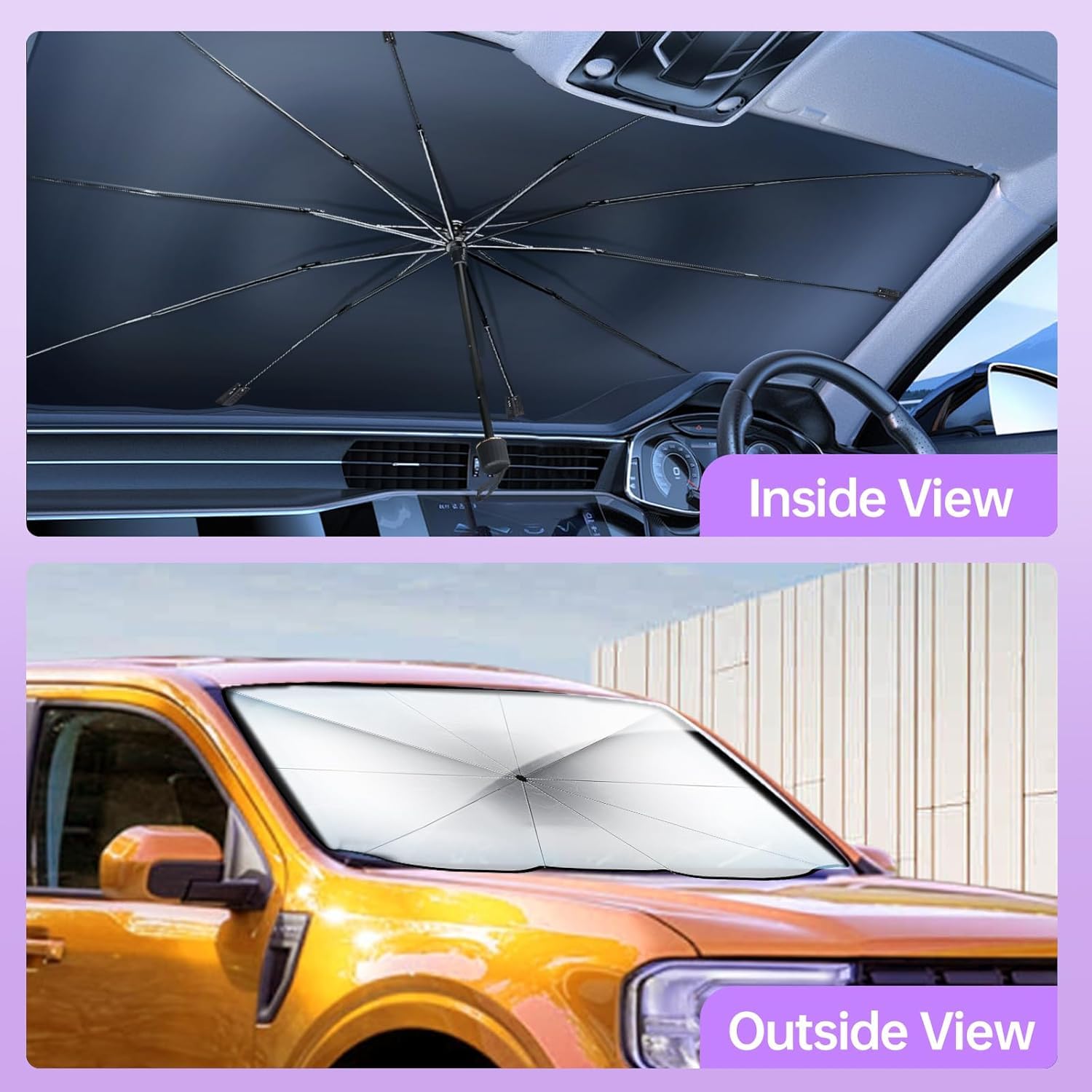 UCRAVO Car Windshield Sun Shade Umbrella, Foldable Windshield Sunshade Front Cover with UV Block, 360°Rotation Bendable Front Window Heat Insulation Protection for Auto Windshield Covers