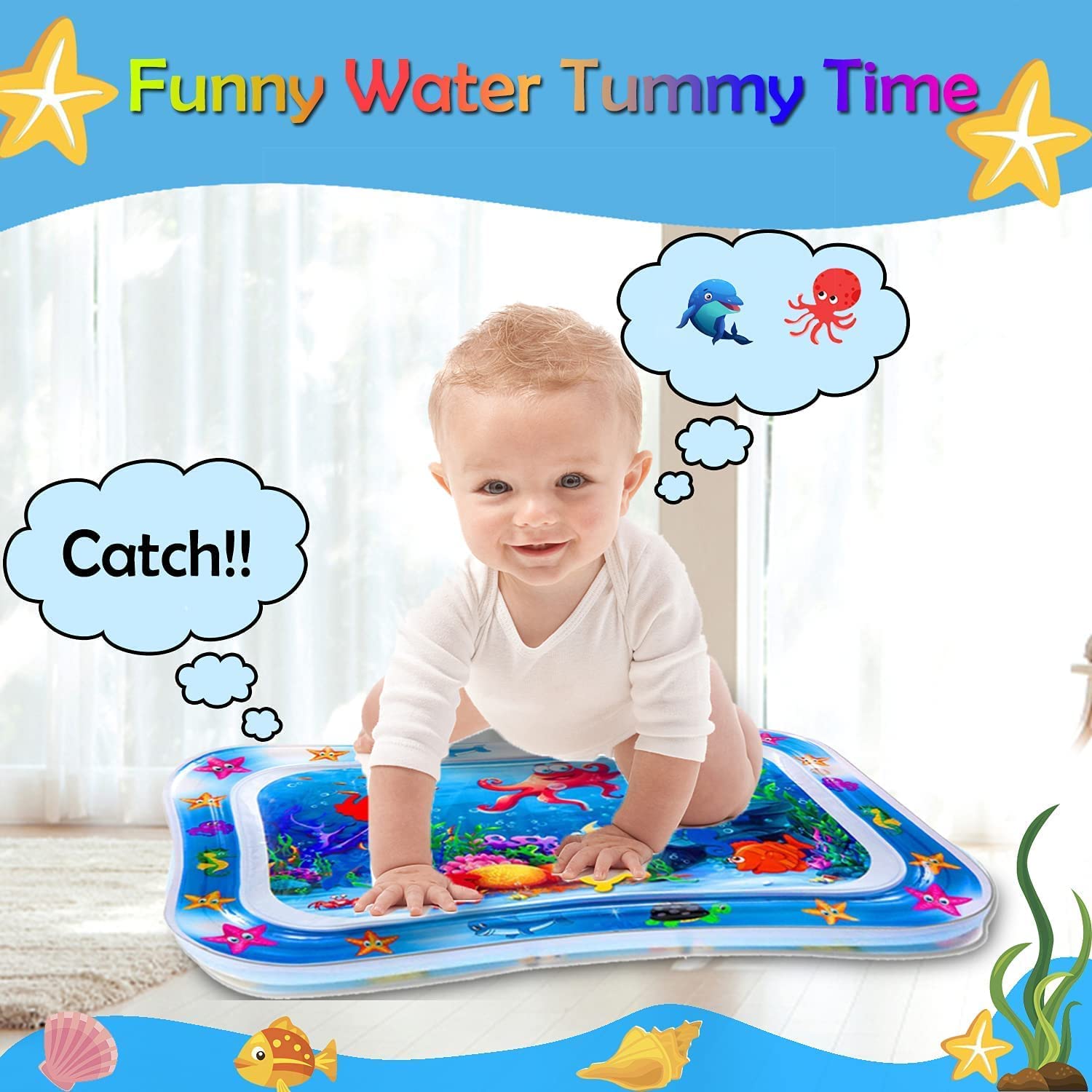 UCRAVO Tummy Time Water Play Mat for Babies & Infants Inflatable Sensory Learning Toy Leakproof Aqua Pad for Newborn 3-12 Months Activity Play Center for Baby Development Best Gift for New Parents