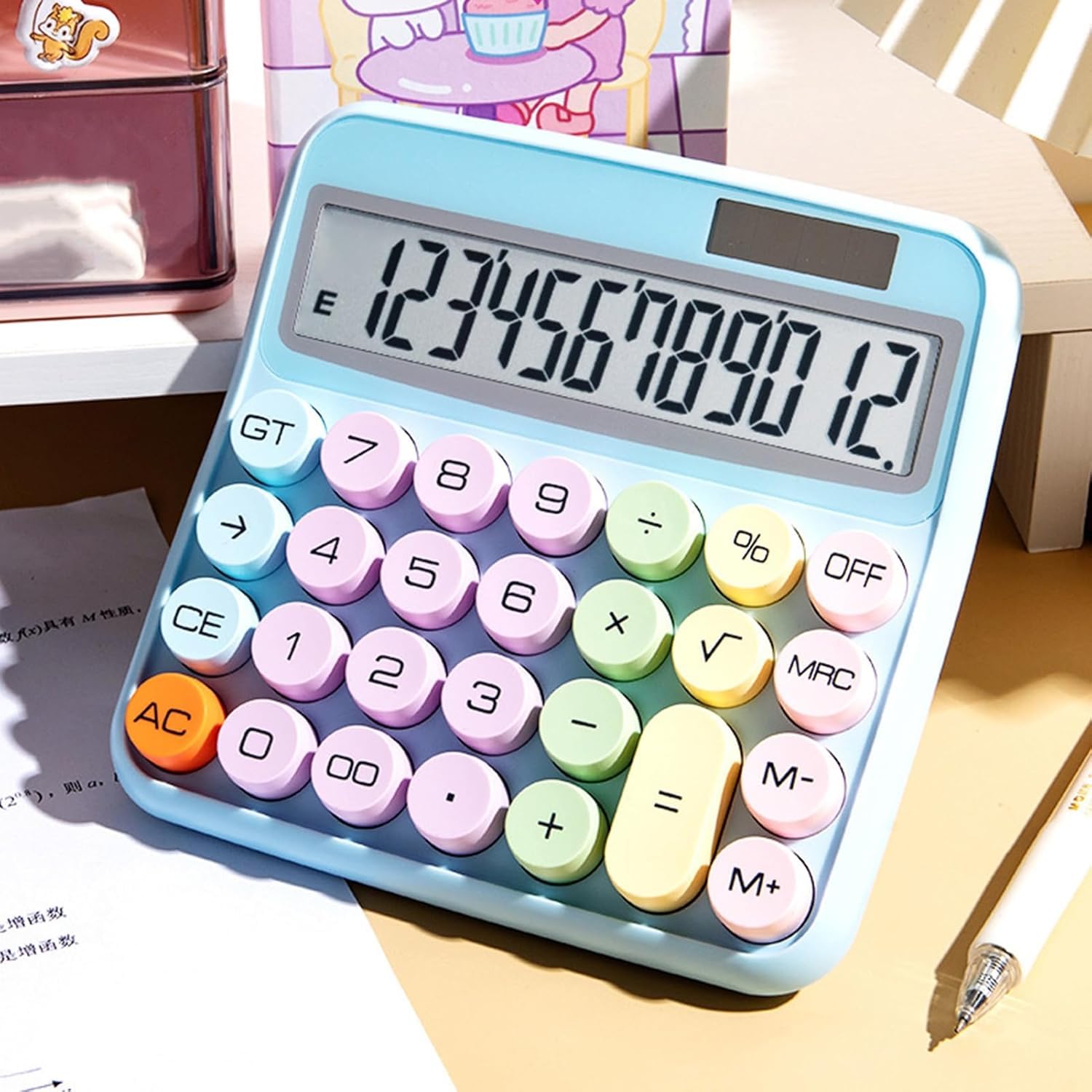 UCRAVO Cute Blue Desktop Calculator, 12-Digit Large LCD Display with Tilt Screen, Pastel Mechanical Round Button, Big Key Adding Machine for Office, School, Business & Aesthetic Desk