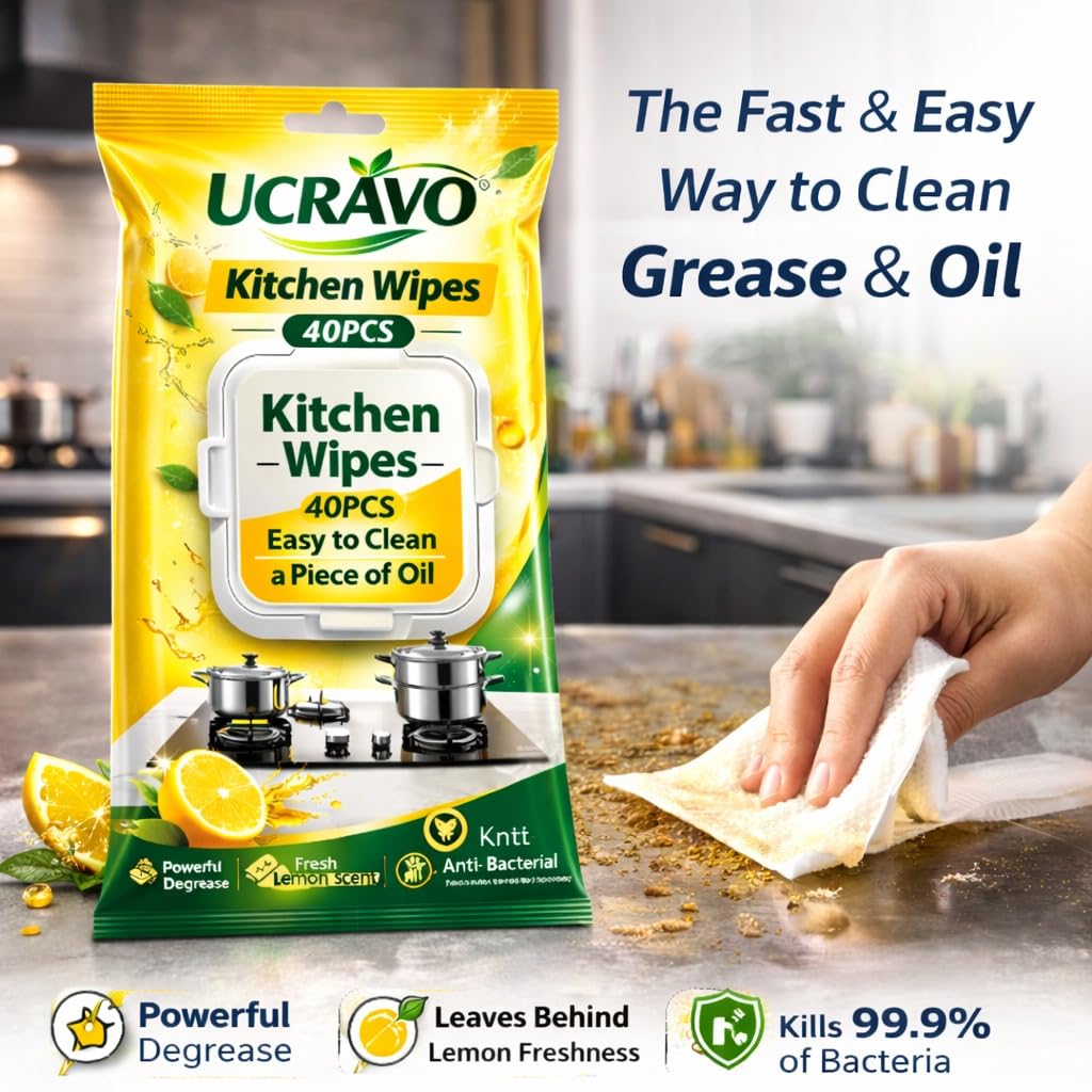 UCRAVO Kitchen Wipes 40 PCS – Lemon Scent Anti Bacterial Cleaning Wipes | Powerful Degreaser Disposable Kitchen Cleaning Tissue | Removes Oil Grease Stains | Multipurpose Surface Cleaning Wipes
