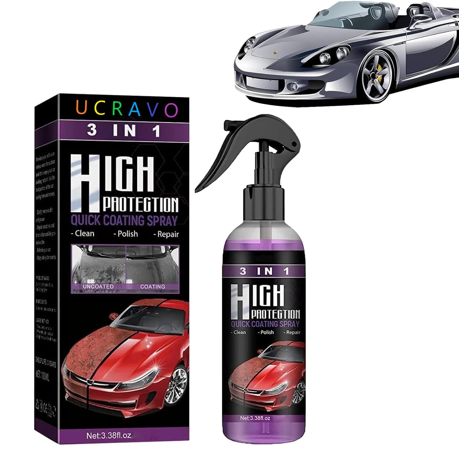 UCRAVO 1 PCS High Protection 3 in-1 Quick Coating Spray, Scratch Repair, Fast Wax Polishing, Scratch Repair Ceramic Coating Hand Spray, Waterless Car Wash Cleaning Spray