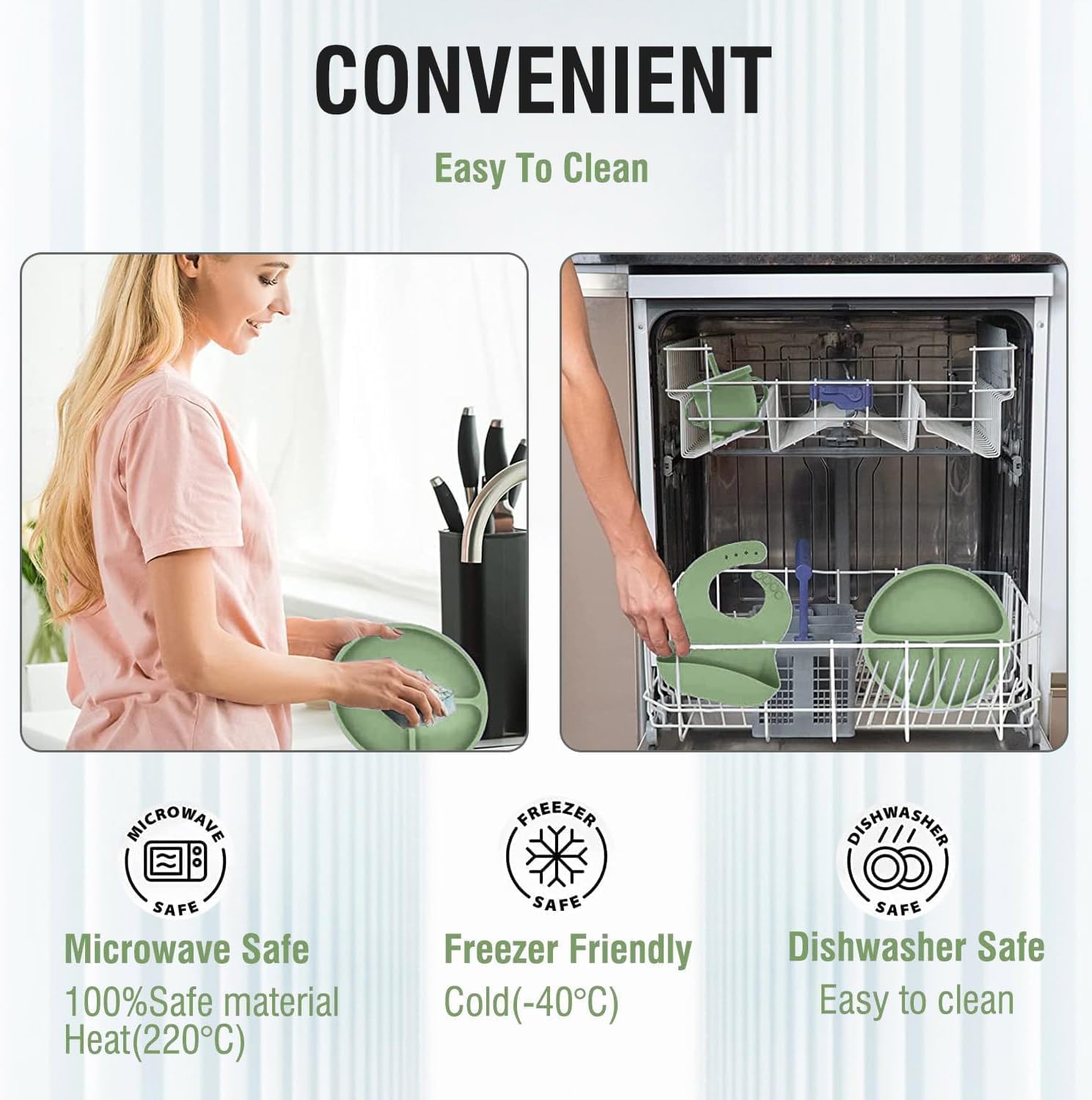 UCRAVO Baby Silicone Feeding Set 6 PCS – Green |Complete Baby Weaning Set with Non-Slip Suction Bowl, Divided Plate, Soft Silicone Bib, Training Sippy Cup, Baby Spoon & Fork Toddler Feeding Dinnerware