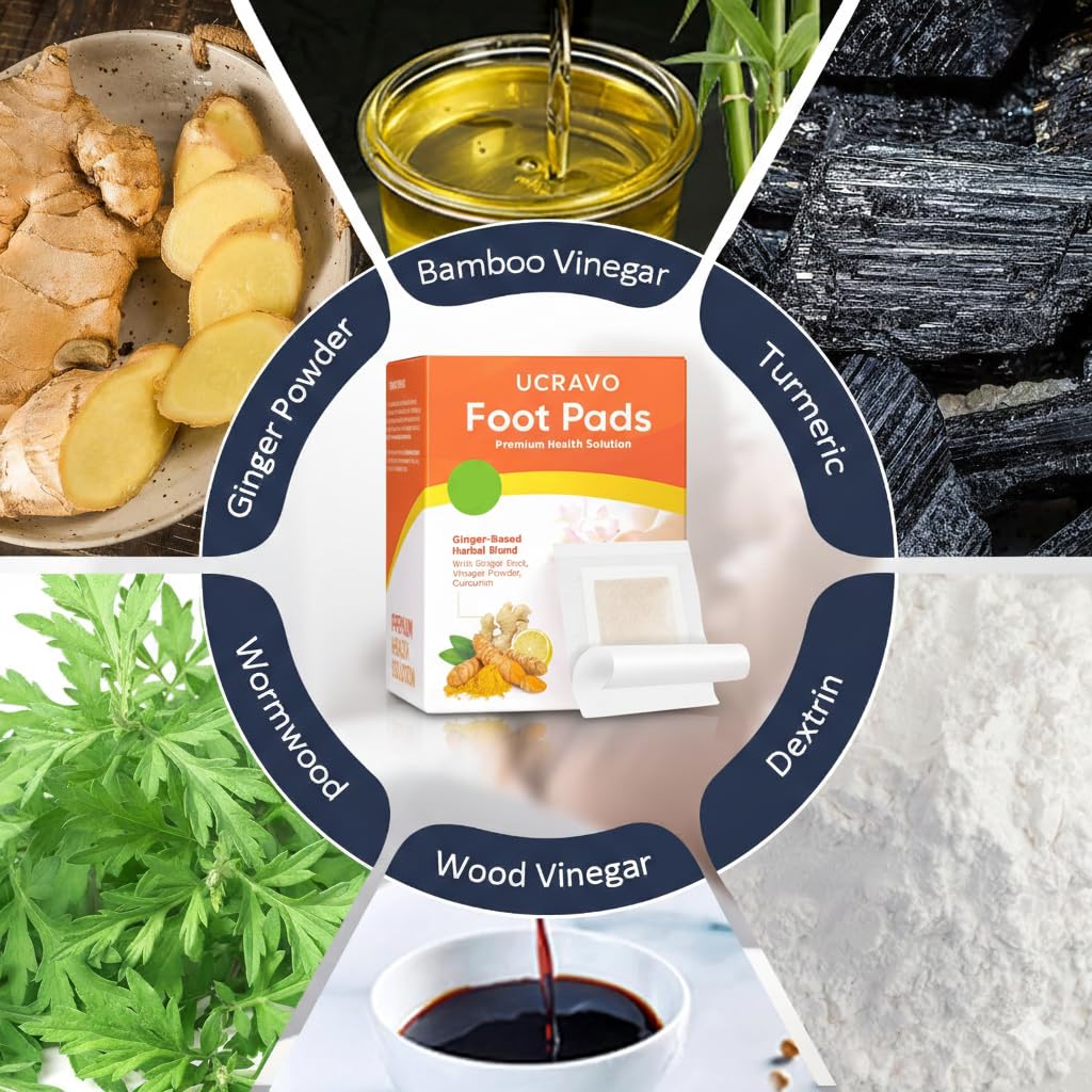 UCRAVO 20 Detox Foot Pads Overnight – Ginger Based Herbal Foot Patches with Ginger Root, Vinegar Powder & Curcumin – Natural Foot Detox Pads for Relaxation, Stress Relief, Night Foot Care Routine