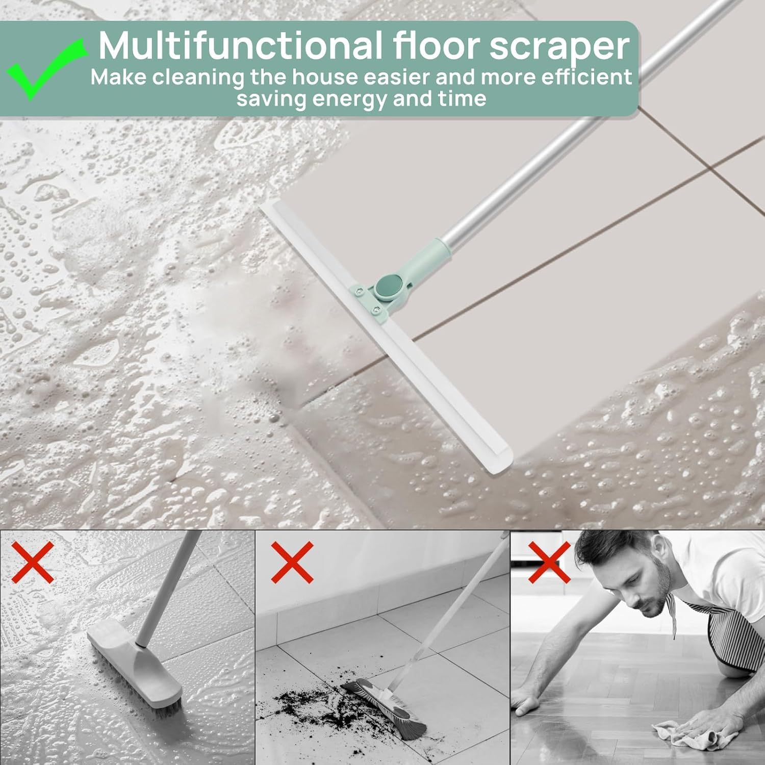 UCRAVO 50-inch Multifunctional Magic Broom Floor Squeegee with Long Handle Adjustable and Silicone Strips, Floor Washer with 180 Degree Rotating Squeegee Broom for Cleaning Floor, Bathroom, Kitchen