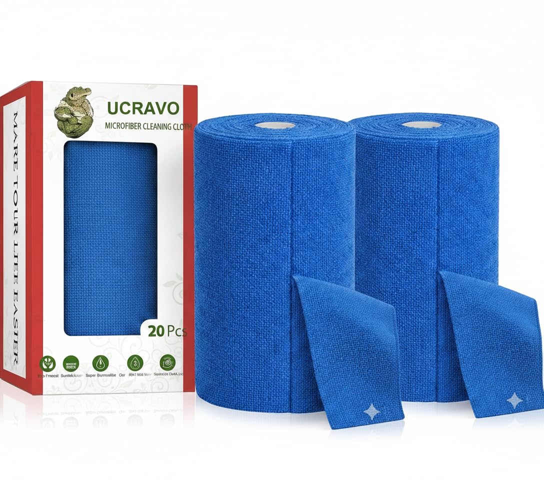 UCRAVO 2 Roll 40pcs Blue Microfiber Cleaning Cloth Roll - Reusable Kitchen Towel Roll | Washable & Reusable Cleaning Towels for Kitchen Home Car & Glass | Ultra Absorbent Lint Free Multi-Surface Wipes