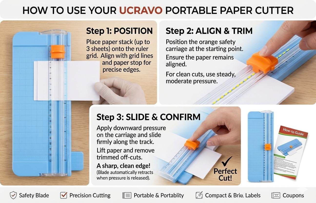 UCRAVO Small Guillotine Paper Cutter – Cute Portable Paper Trimmer with Automatic Safety Blade & Ruler Grid | A4 Precision Cutting Board for Scrapbooking, Photos, Labels, Coupons & Office Craft Use