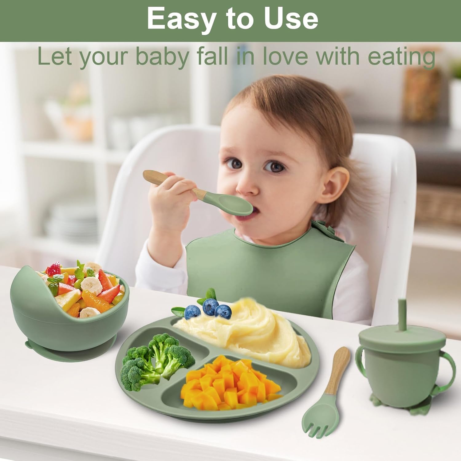 UCRAVO Baby Silicone Feeding Set 6 PCS – Green |Complete Baby Weaning Set with Non-Slip Suction Bowl, Divided Plate, Soft Silicone Bib, Training Sippy Cup, Baby Spoon & Fork Toddler Feeding Dinnerware