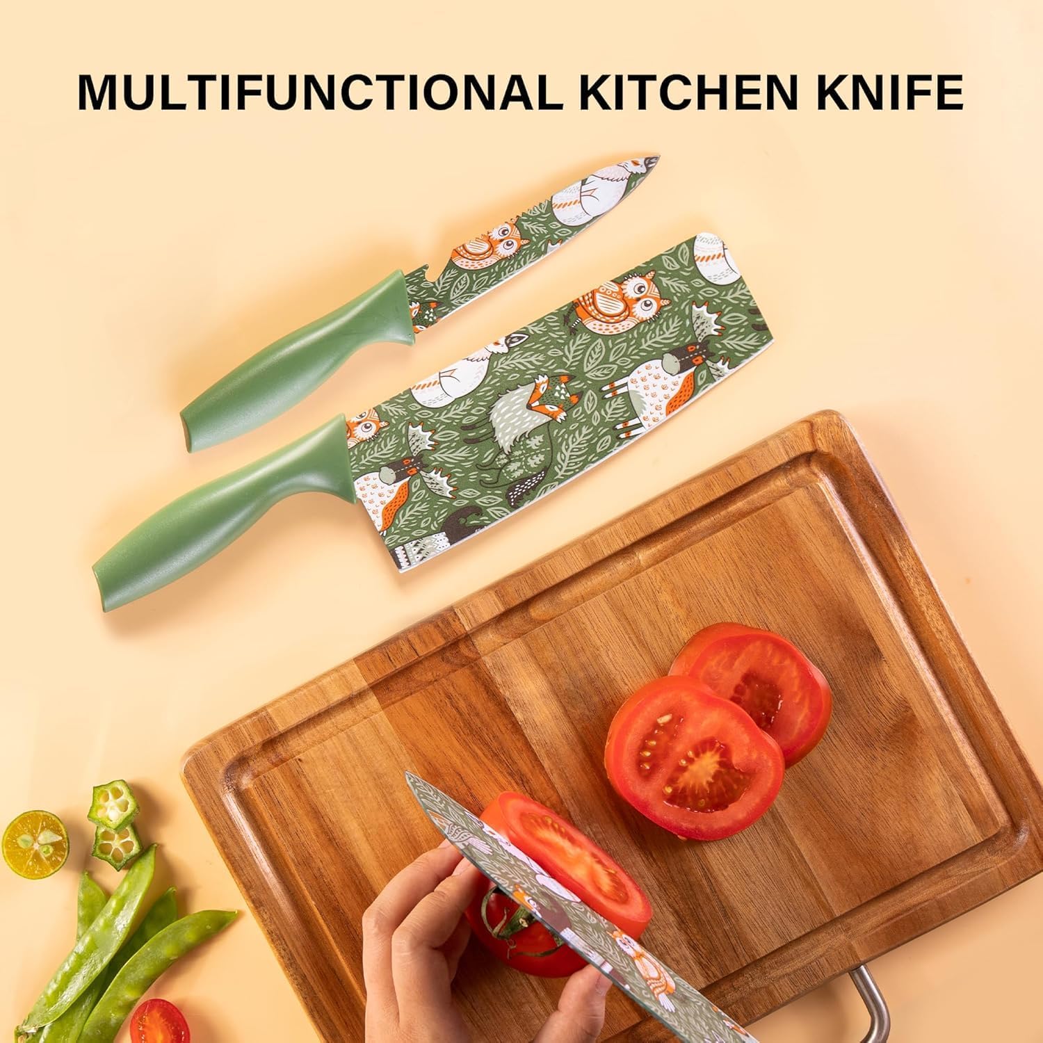 UCRAVO 3 Pcs Green Professional Kitchen Knife Set, Colorful Stainless Steel Chef Utility, Paring Knife, Razor Sharp Multipurpose Knives for Cutting Vegetables, Fruits, Bread with Non Slip Handle