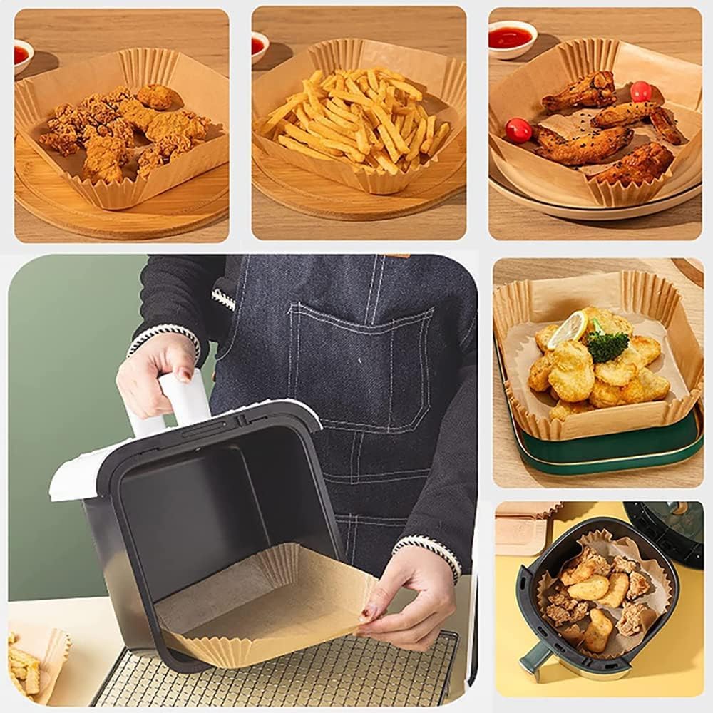 UCRAVO 100 PCS Air Fryer Paper Sheets Disposable Parchment Liners | Non-Stick Baking Paper | Heat Resistant Greaseproof Waterproof Air Fryer Tray Liners for Frying, Roasting, Microwave & Oven Cooking