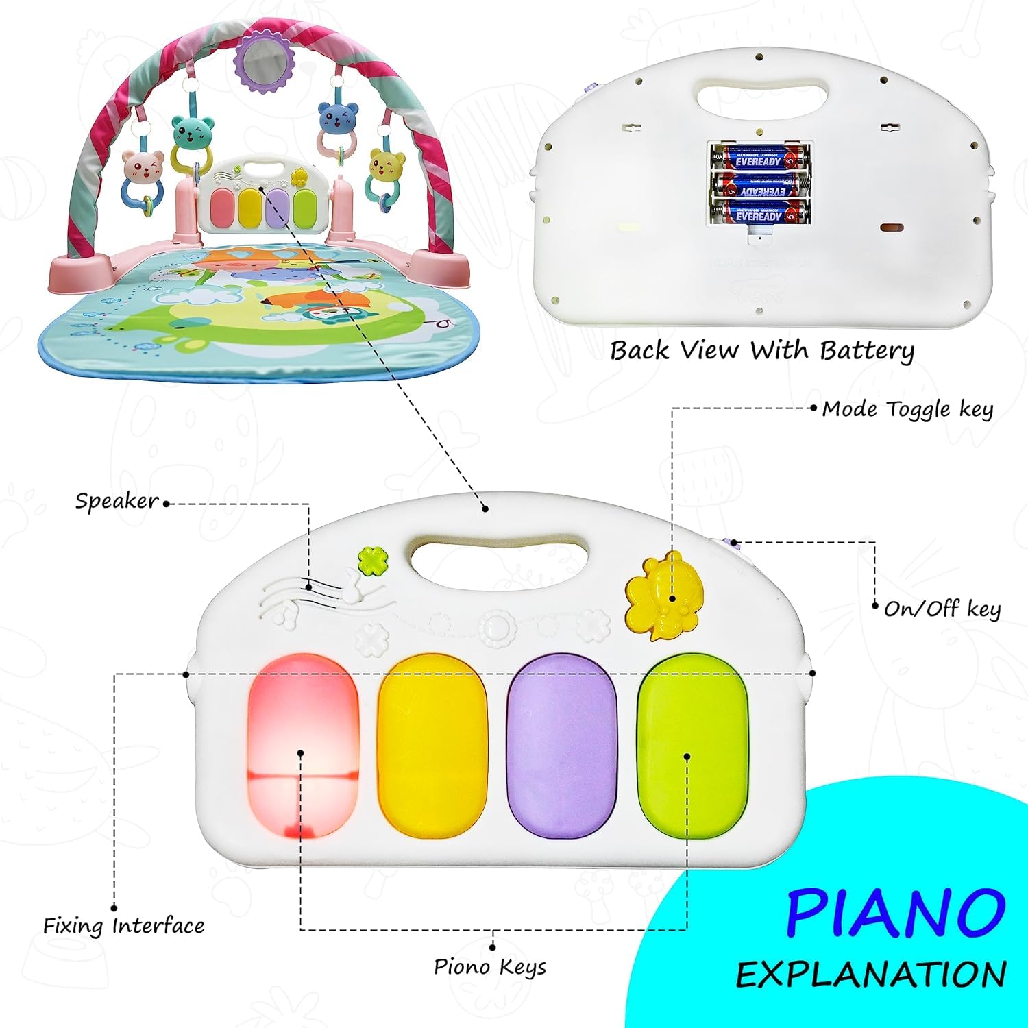 UCRAVO Play Gym Mat for Babies, 5-in-1 Indian Musical Keyboard Mat Piano Mat, Portable Baby Playing Mat for New Born with 5 Hanging Toys, Music & Lights, Indoor Activity for 0 to 12 Months Boys Girls
