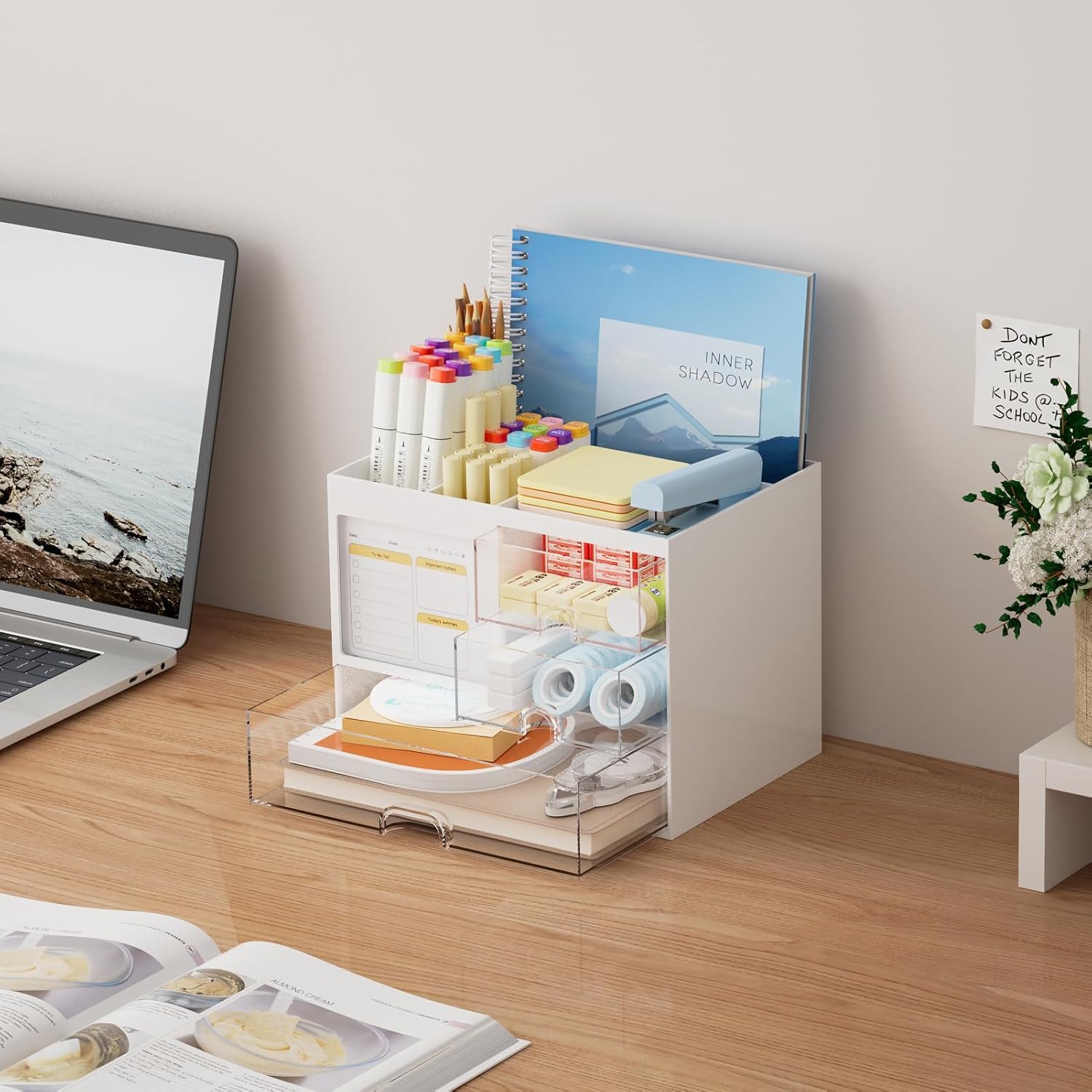 UCRAVO Pink Desk Organizer with Drawers for Office, Study Table, Home Multi-Functional Table Organizer for Stationery, Pens, Markers, Sticky Notes, Files Desktop Storage Box for Students & Office Use