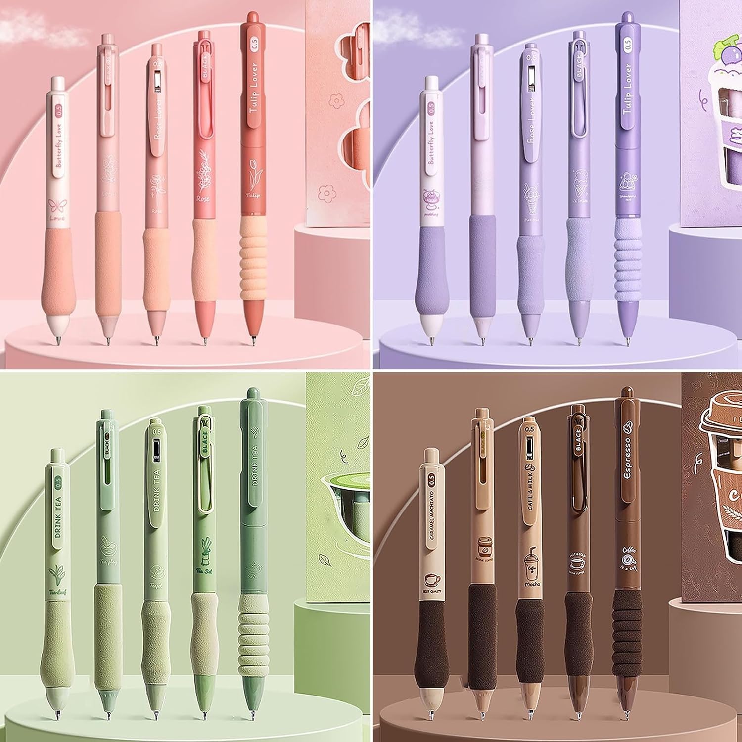 UCRAVO Green Tea 5 Pcs Gel Retractable Quick Dry Blue Ink 0.5mm Fine Point Aesthetic Stuff Ink Comfort Grip Smooth Writing Journaling Note Taking Pens Bulk Pens School Office Supplies Green