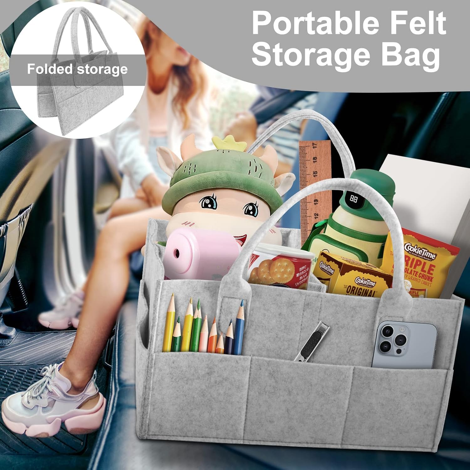 UCRAVO Baby Diaper Caddy Organizer with handles - Nursery Storage basket and Car Organizer for Diapers and Baby Wipes - 5 Compartments, 8 Pockets, Soft, Sturdy, and Convenient Baby Shower Gifts - Grey