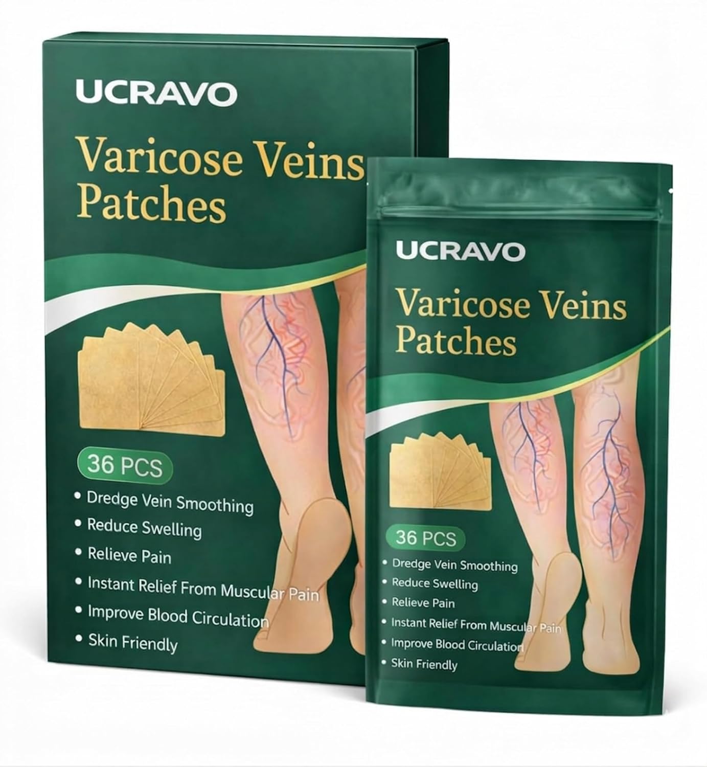 UCRAVO Varicose Veins Patch 36 PCS Herbal Vein Care Patch for Leg Swelling,Spider Veins,Muscle Pain Relief,Improve Blood Circulation,Deep Vein Support,Skin Friendly Pain Relief Patch for Men & Women